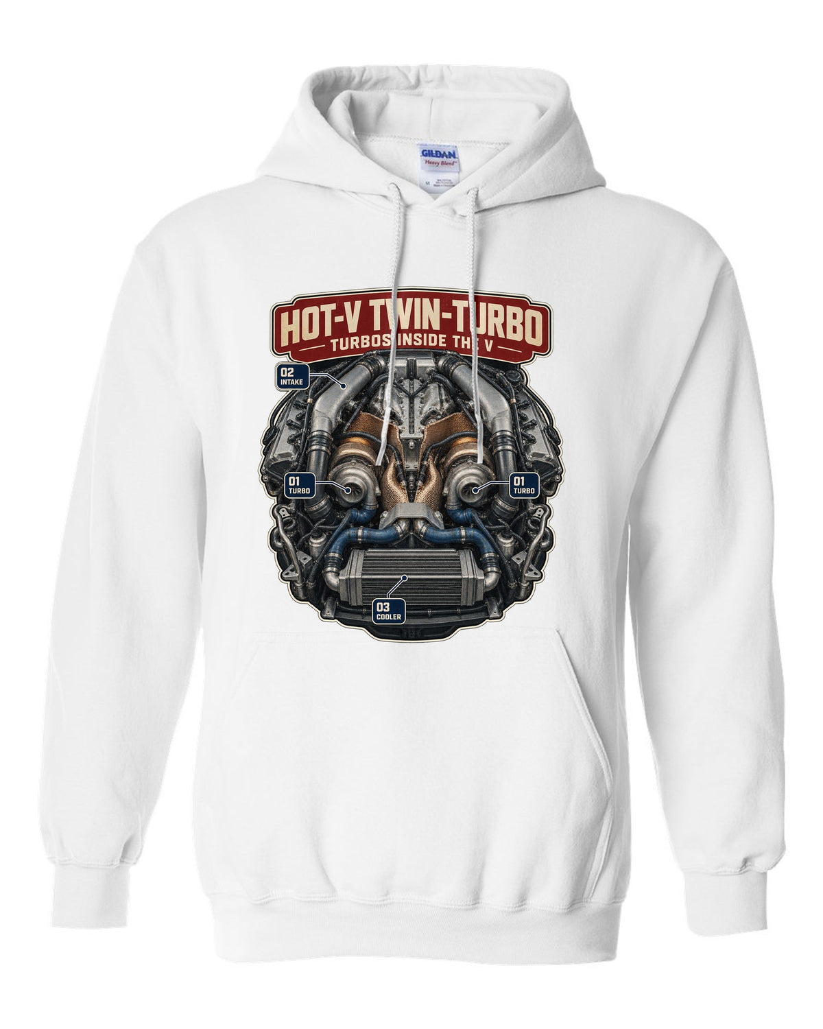 Engine poster of the Audi RS6 Avant C8 twin-turbo V8 with turbos inside the V white pull over hoodie front view with the design