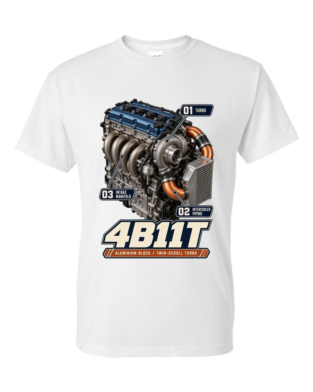 Mitsubishi Lancer Evolution X 4B11T engine bay poster print white t-shirt front view with the design