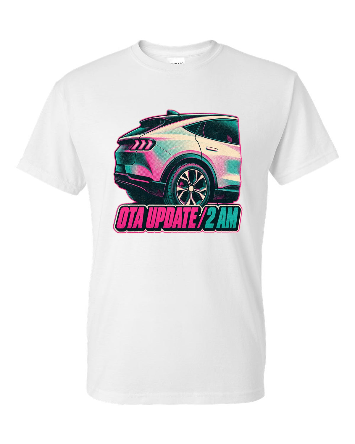 Risograph halftone wheel print of a 2020 Mustang Mach-E CX727 reading OTA Update 2 AM white t-shirt front view with the design