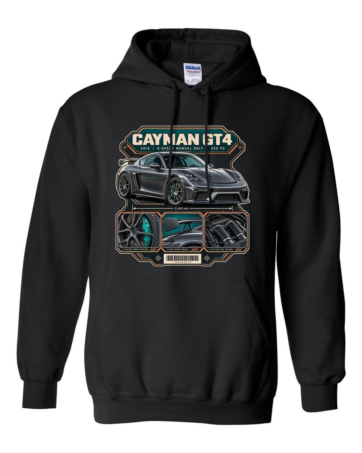 Dossier panel print of a Porsche 718 Cayman GT4 982 black pull over hoodie front view with the design