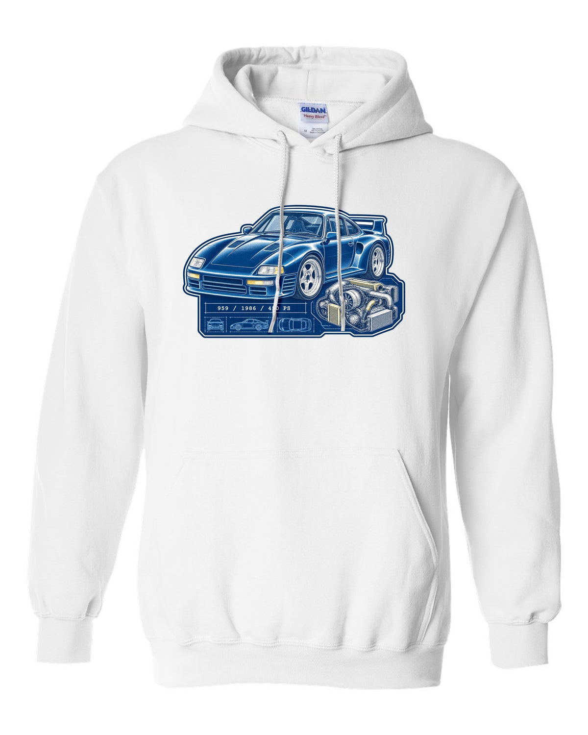 Porsche 959 cyanotype blueprint design with 1986 and 450 PS lettering white pull over hoodie front view with the design