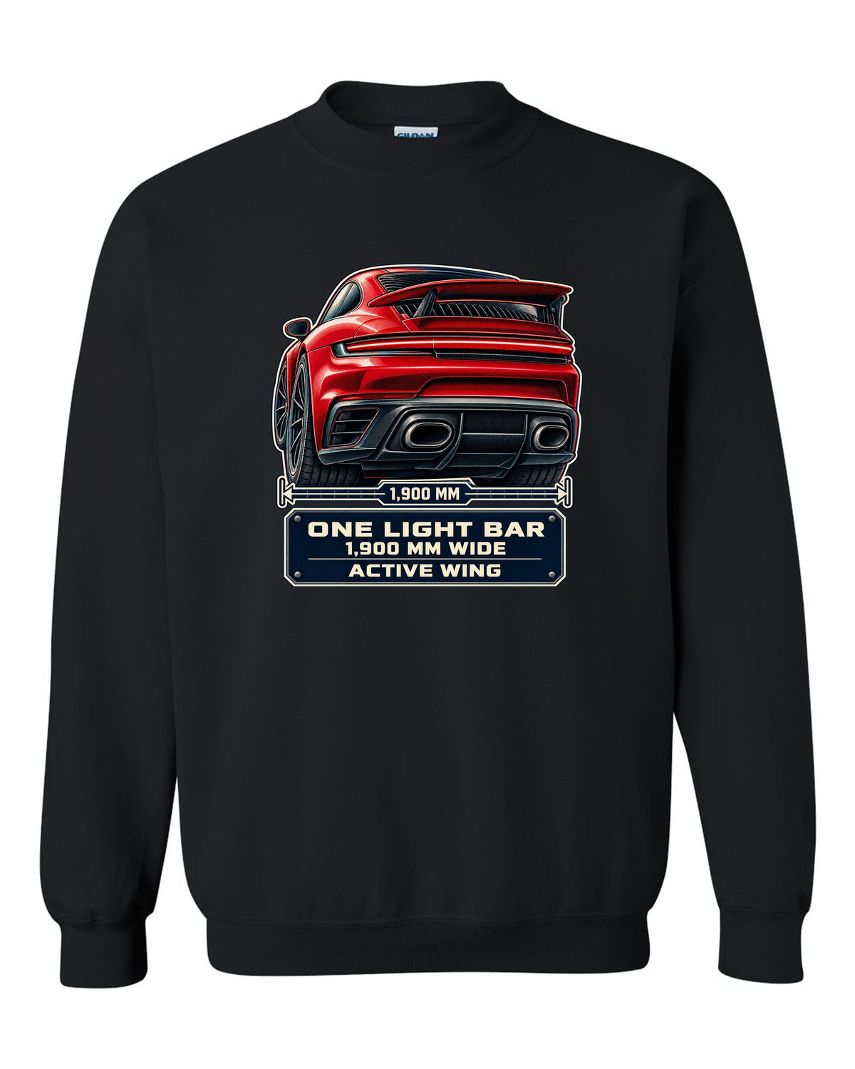Taillight macro print of a Porsche 992 Turbo S with light bar and wing black crewneck front view with the design
