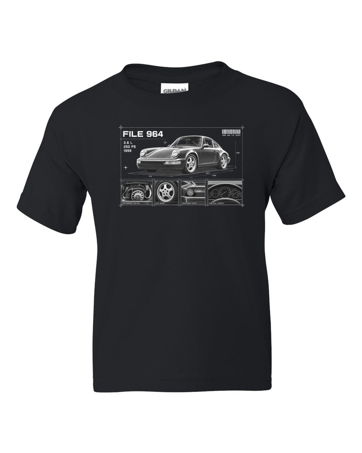 Dossier panel print of a Porsche 911 964 Carrera 2 with File 964 3.6 L 250 PS lettering black kids tee front view with the design