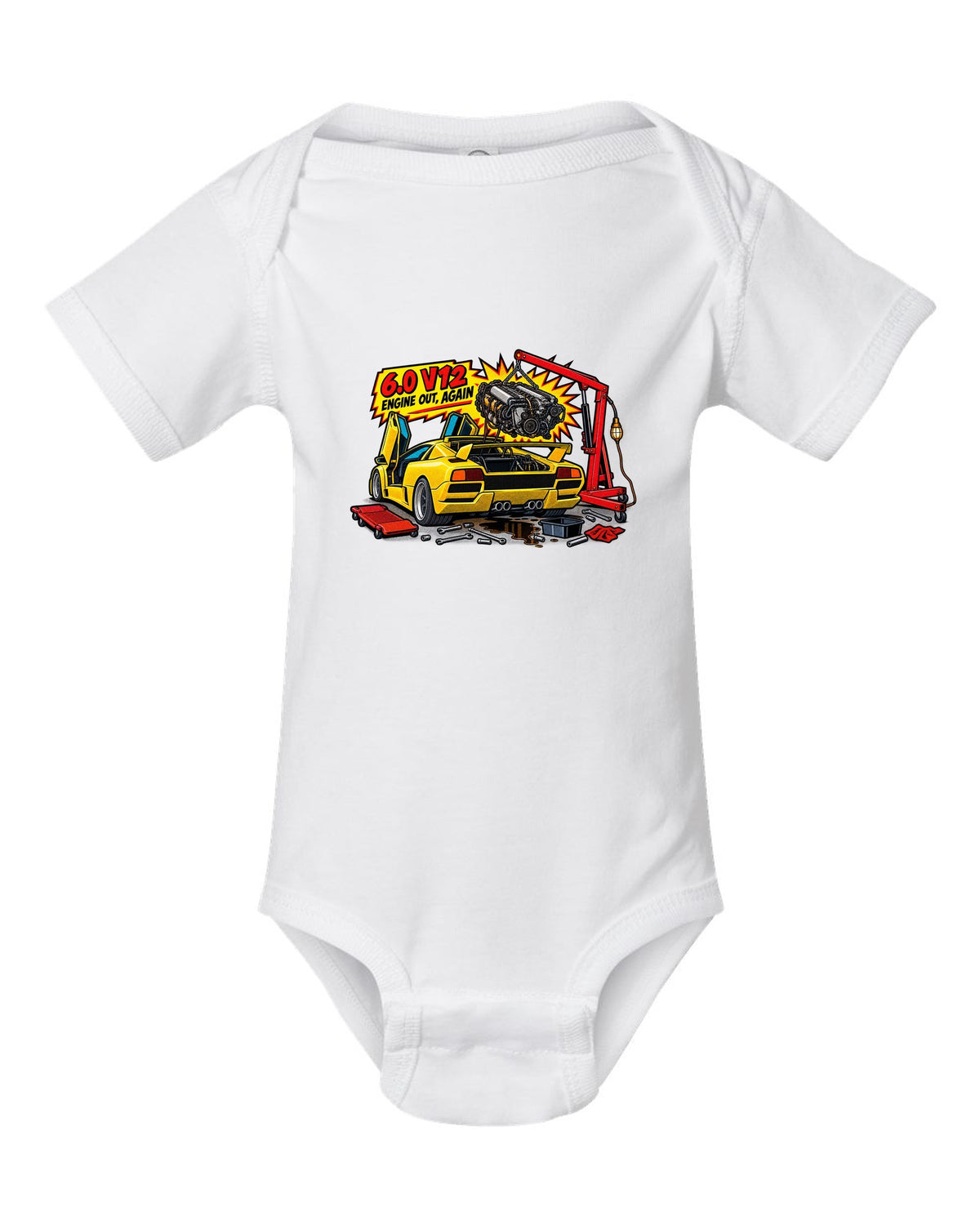 Comic halftone pop-art Lamborghini Diablo GT in a workshop with 6.0 V12 engine out again lettering white baby onesie front view with the design