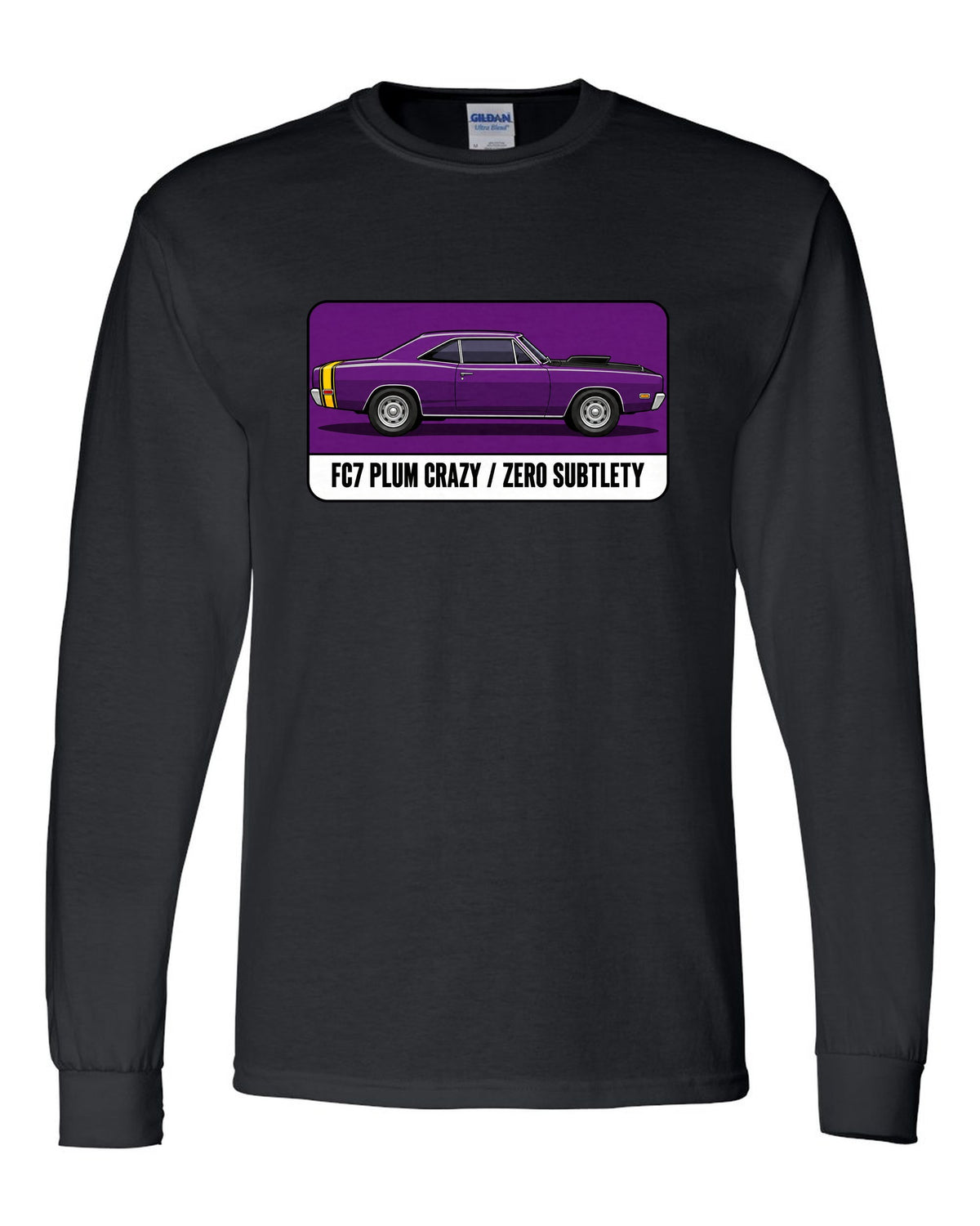 Pantone-style swatch print of a 1969 Dodge Coronet Super Bee in Plum Crazy black long sleeve front view with the design