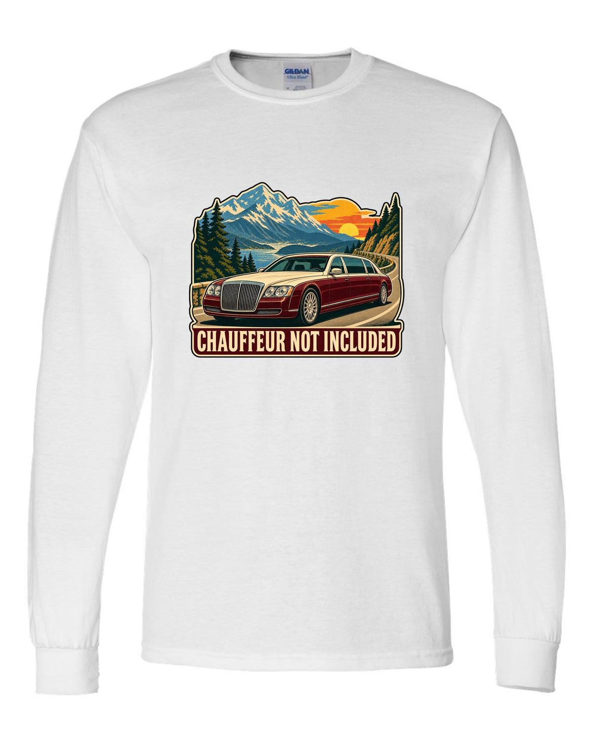 1960s litho travel poster of a Maybach 57 W240 with Chauffeur Not Included text white long sleeve front view with the design