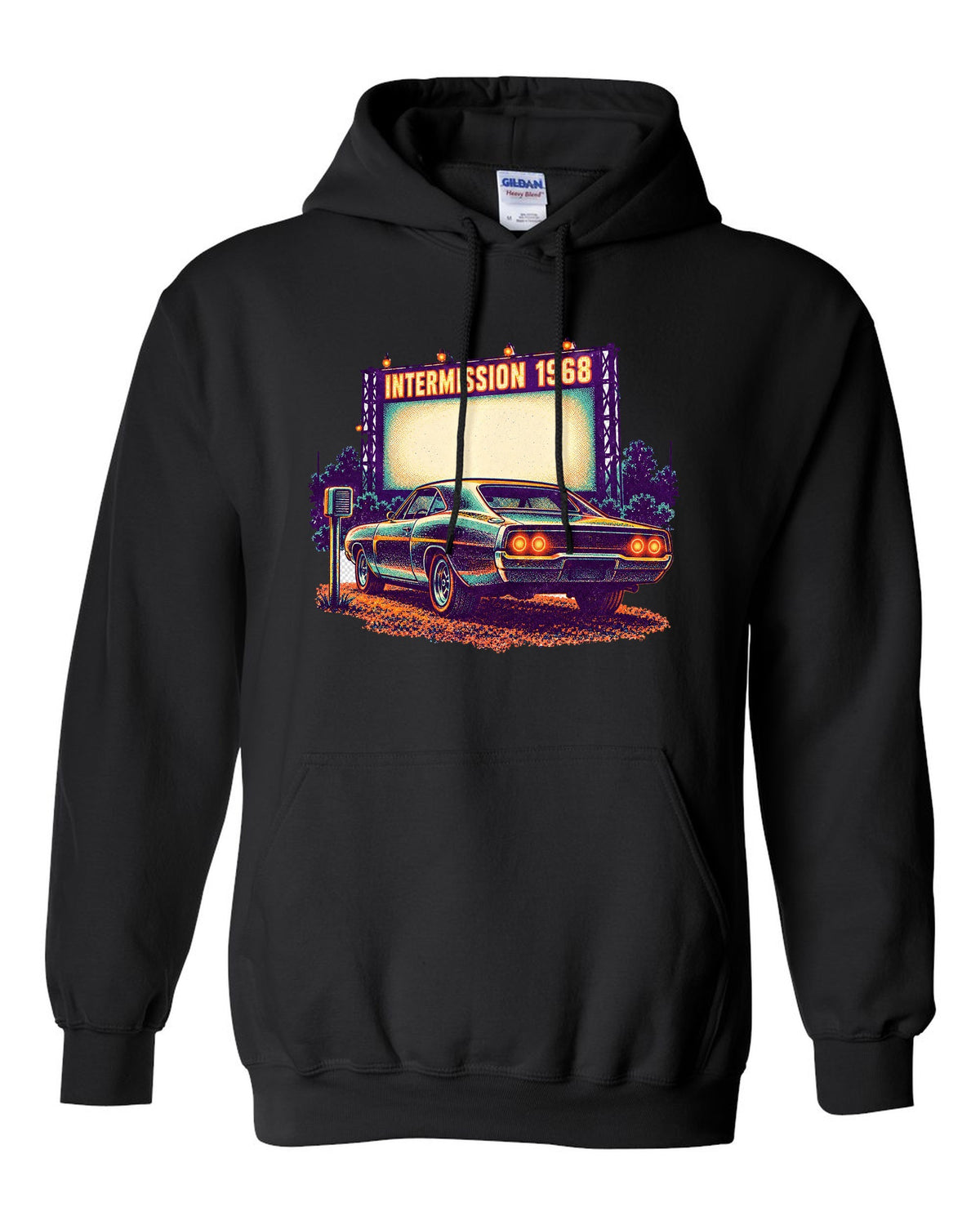 Risograph spot colour drive-in scene with a 1968 Dodge Charger R/T and INTERMISSION text black pull over hoodie front view with the design
