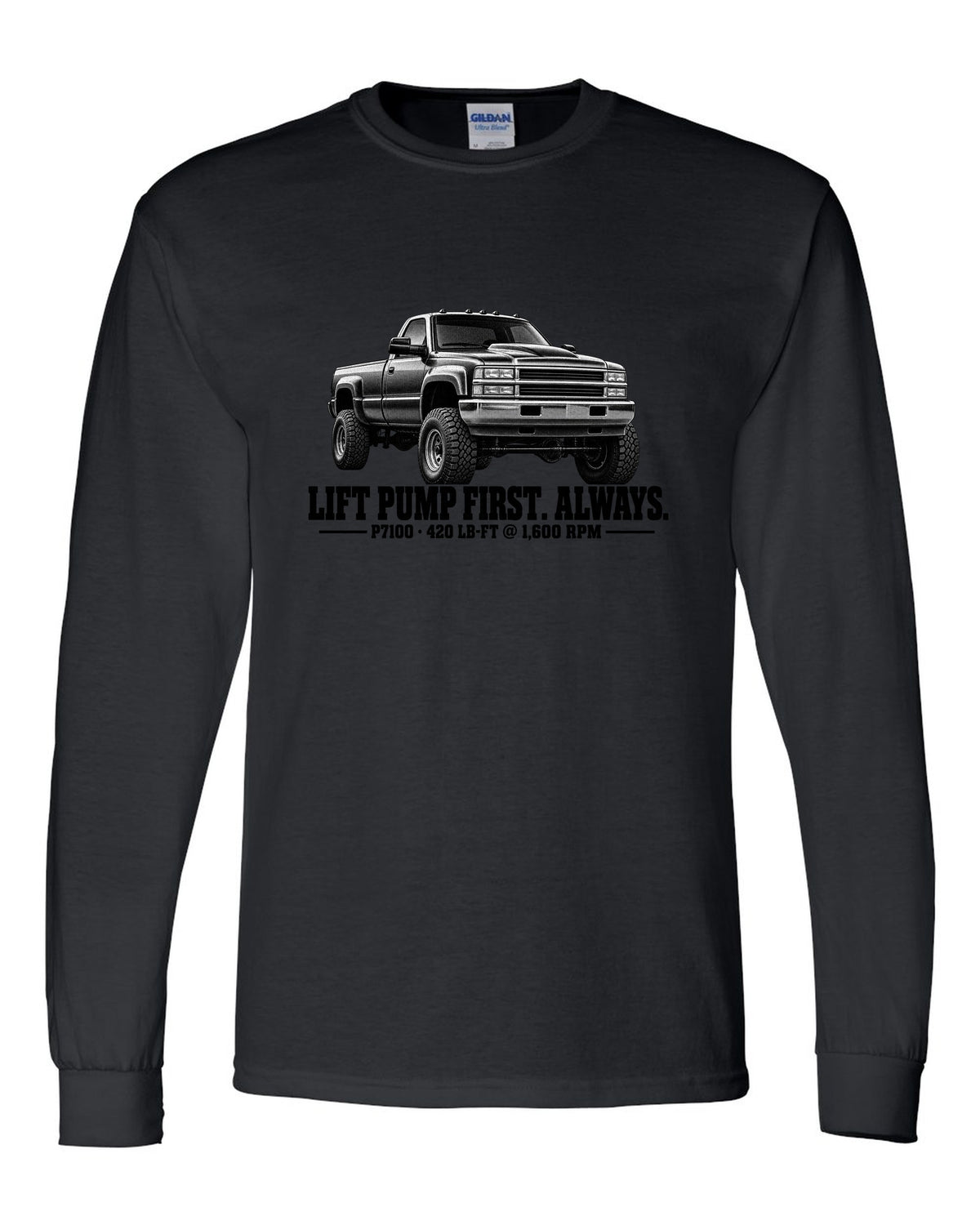 Halftone print of a 1994-98 Ram 2500 12V with lift pump advice and P7100 torque figures black long sleeve front view with the design