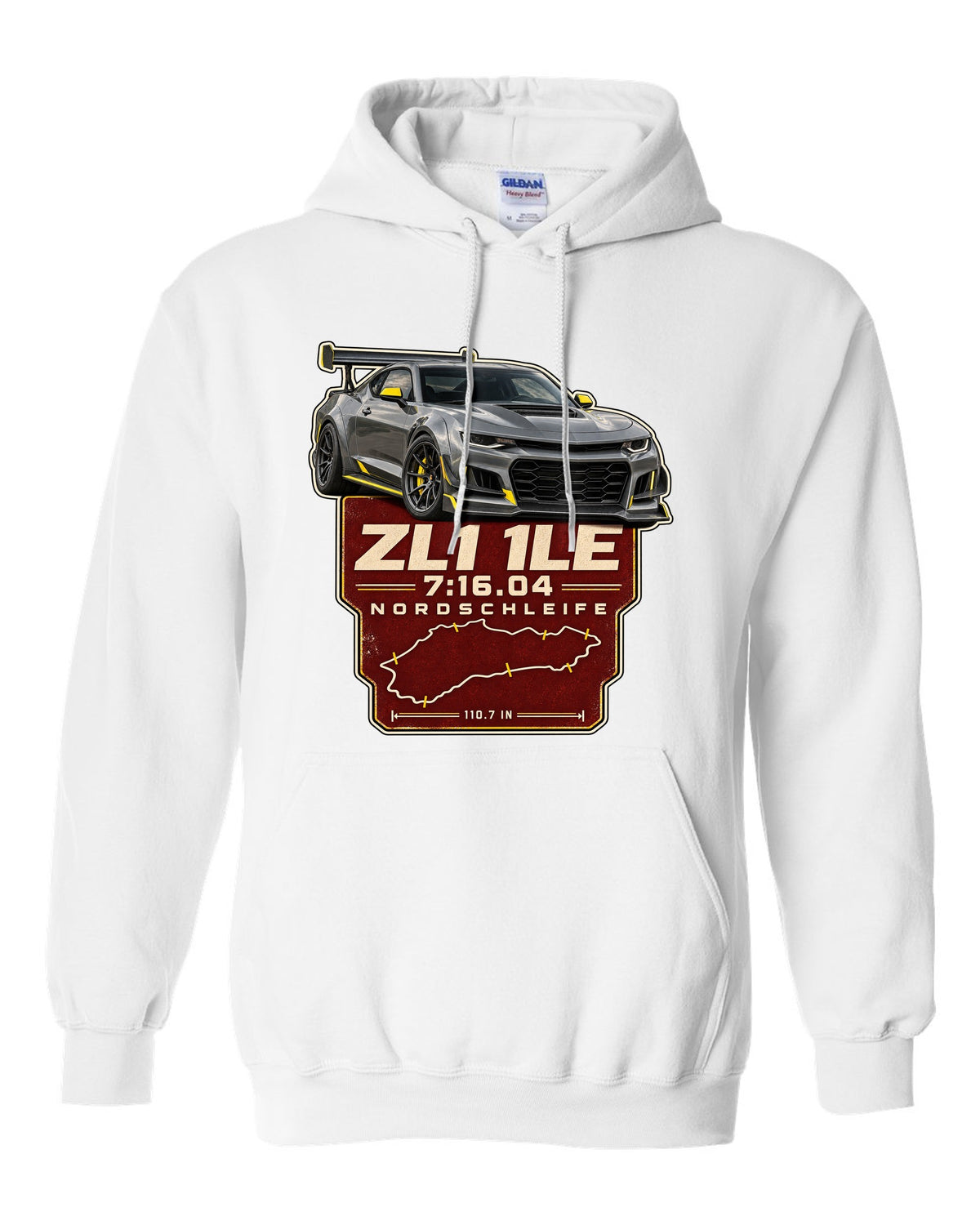 Lap time poster print of a Chevrolet Camaro ZL1 1LE white pull over hoodie front view with the design