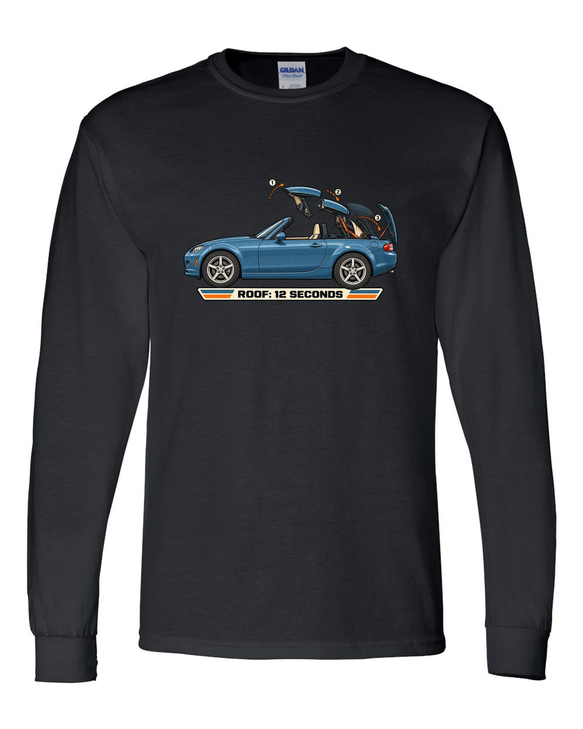 Exploded cutaway diagram of the Mazda MX-5 NC PRHT roof fold mechanism black long sleeve front view with the design