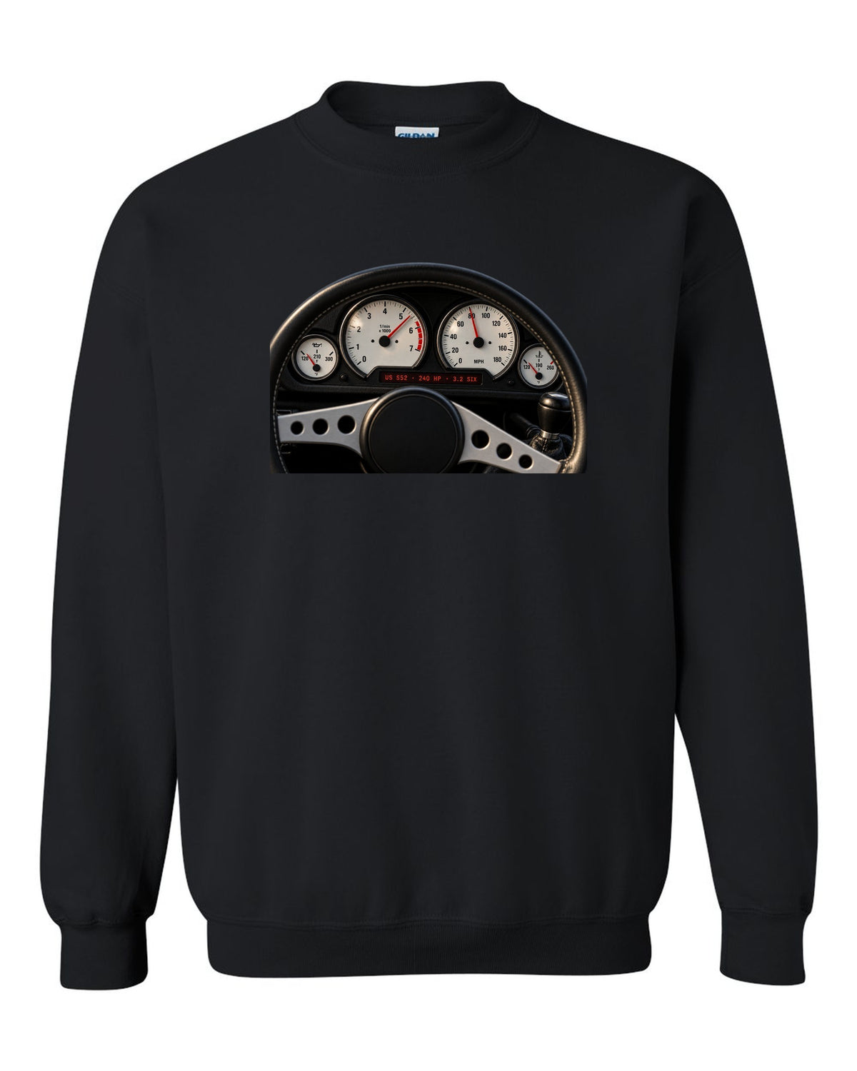 BMW E36 M3 coupe US S52 cockpit gauge print with 240 HP and 3.2 six text black crewneck front view with the design