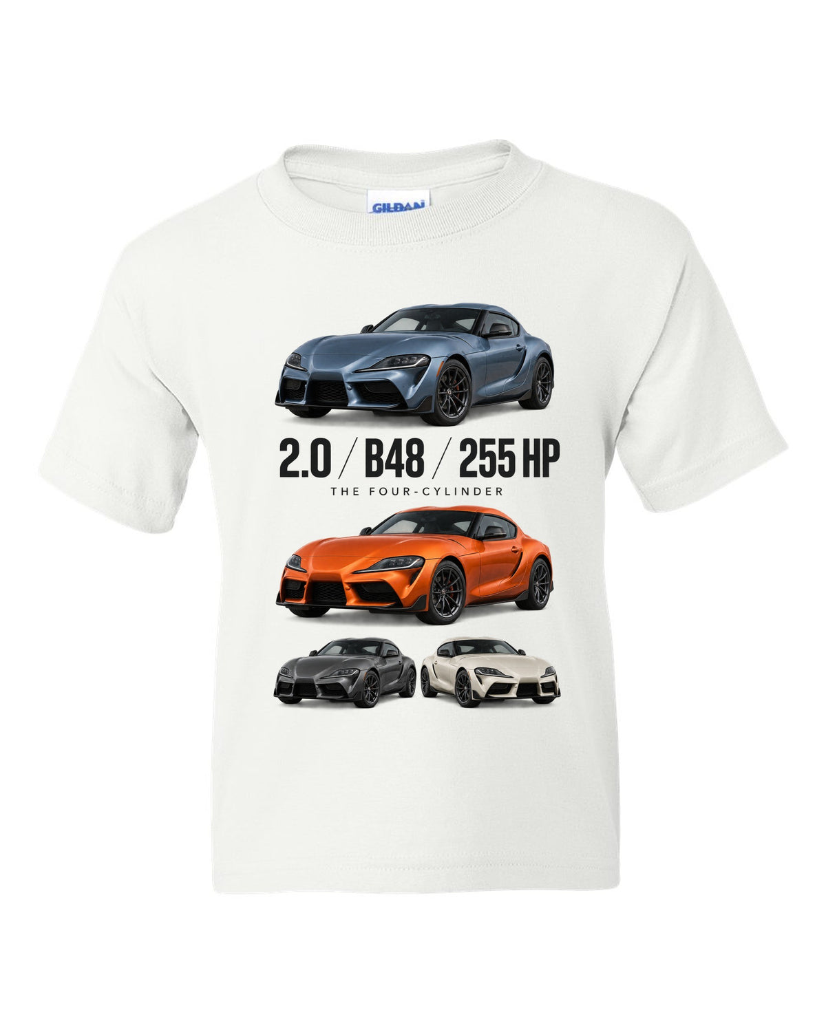 Steel blue Toyota GR Supra 2.0 spec poster with B48 and 255 HP text white kids tee front view with the design