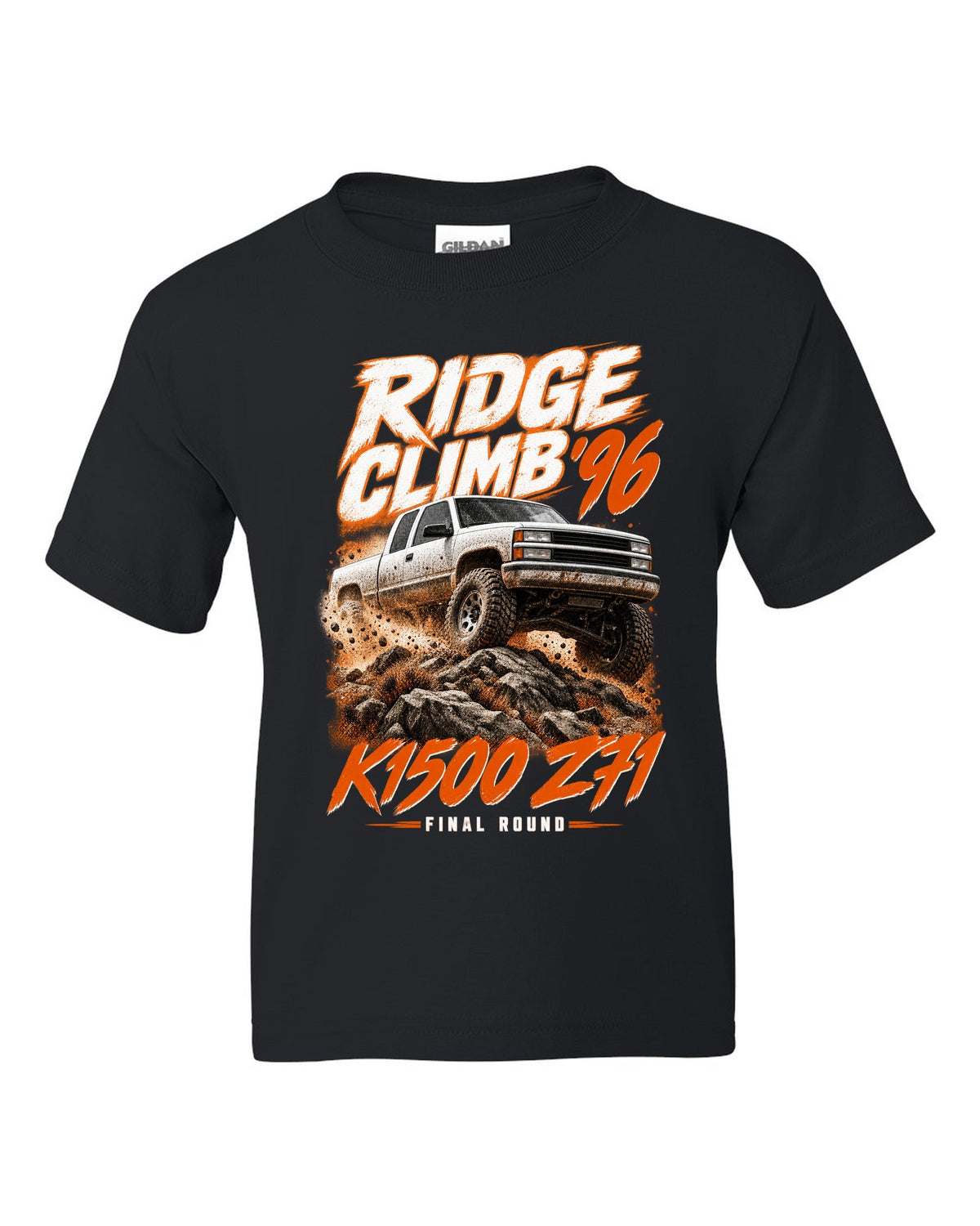 1996 Chevy K1500 Z71 OBS Ridge Climb race poster print black kids tee front view with the design