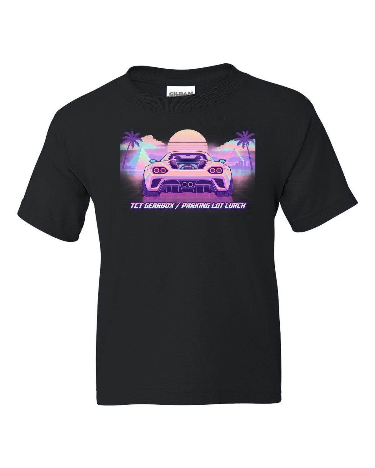 Vaporwave pastel illustration of an Alfa Romeo 4C with TCT gearbox parking lot lurch text black kids tee front view with the design