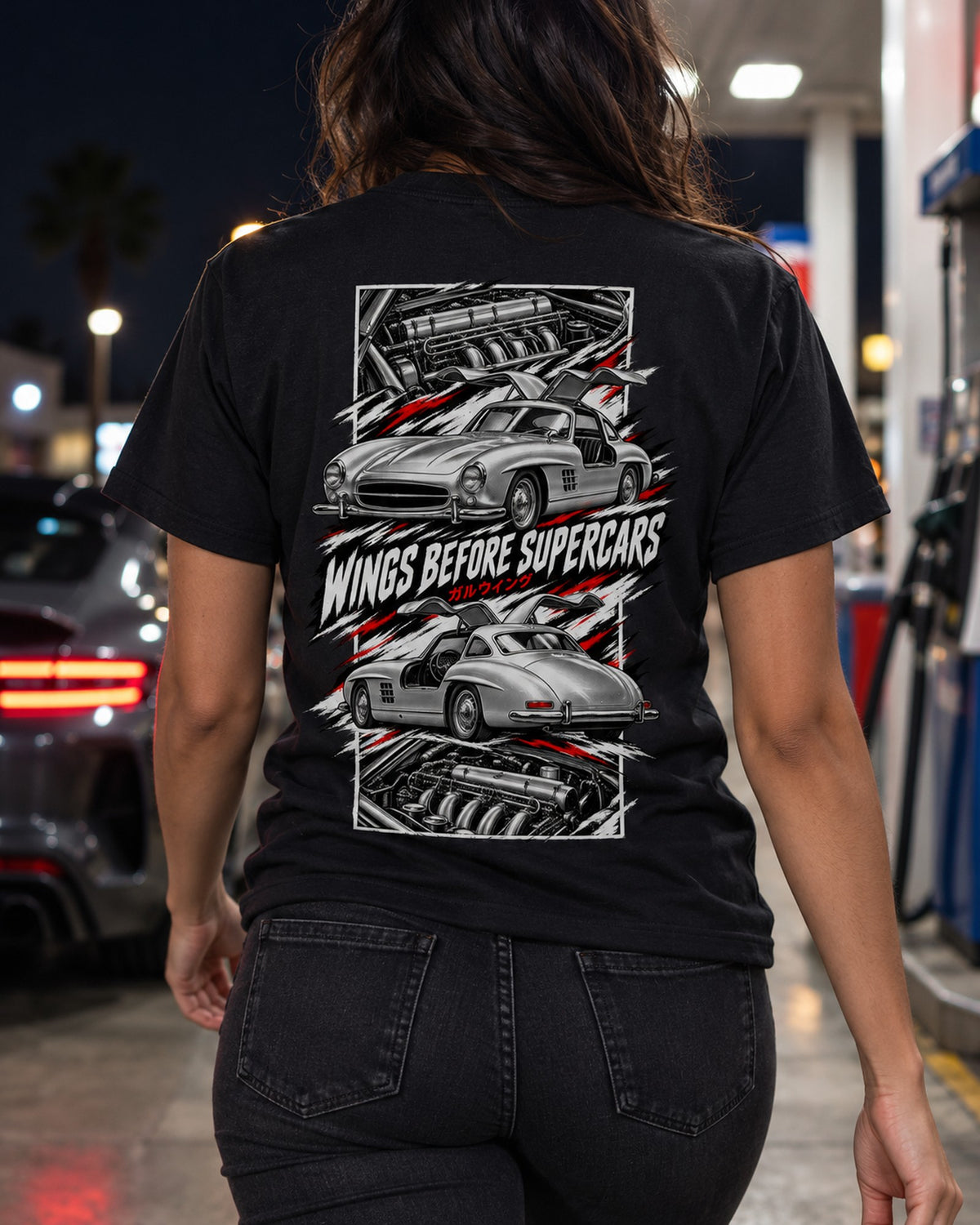 Mercedes 300 Sl Torn Poster Full-Back Graphic Tee T-Shirt Black worn hero