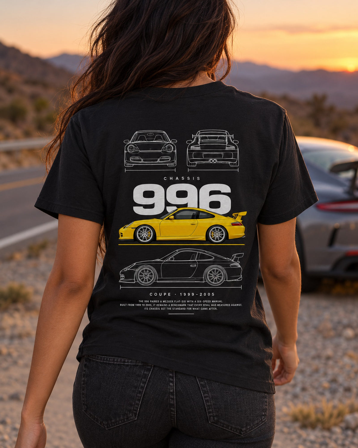 Porsche 996 GT3 Blueprint Full-Back Graphic Tee, 996 Chassis Code T-Shirt Black worn hero