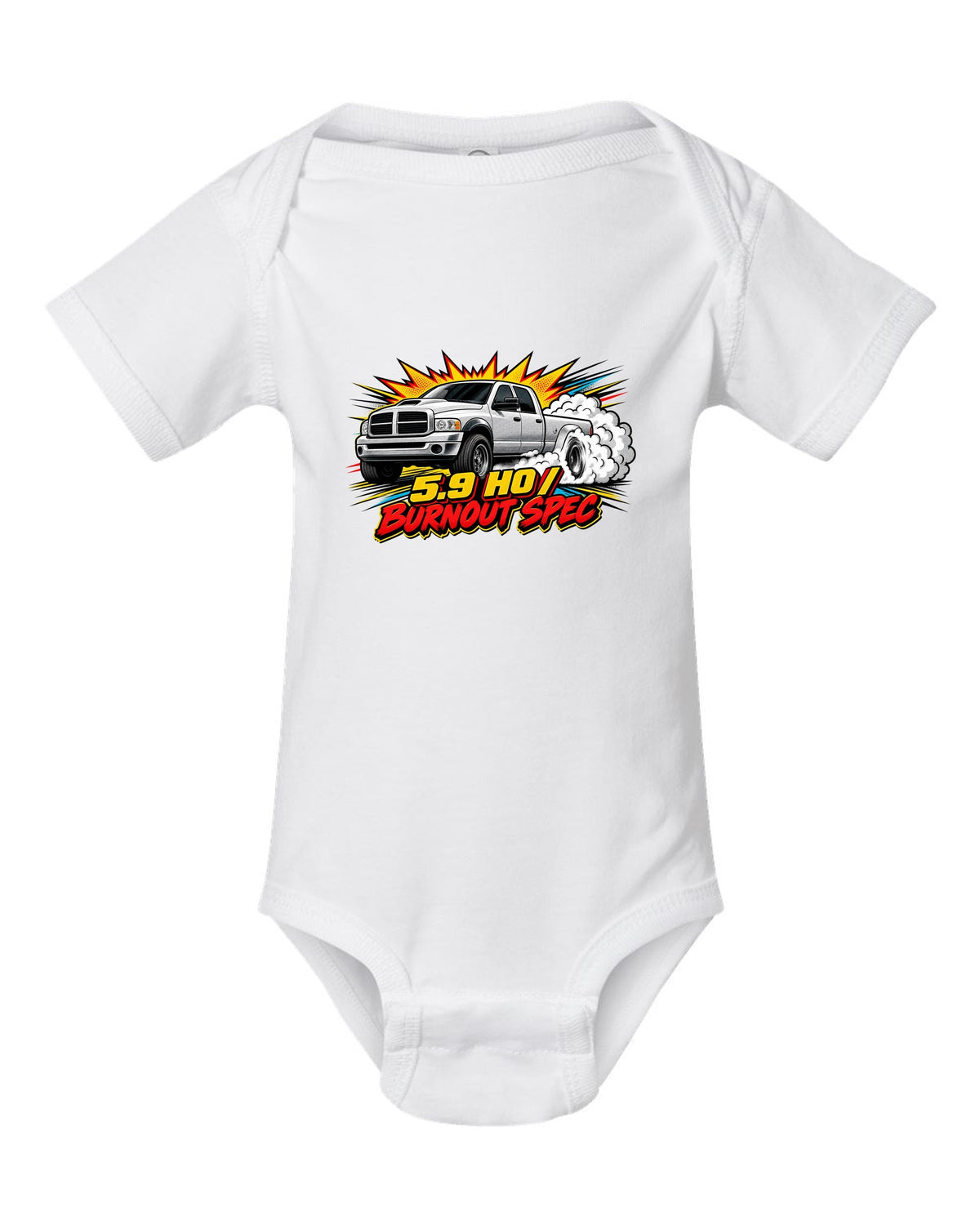 Comic halftone pop-art of a 2003-2009 Dodge Ram 3rd gen 5.9 HO with the words Burnout Spec white baby onesie front view with the design