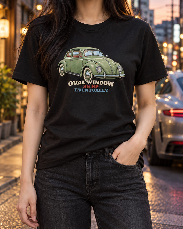 Oval Window VW Beetle 1956 Gouache Painting Car Shirt T-Shirt Black worn hero