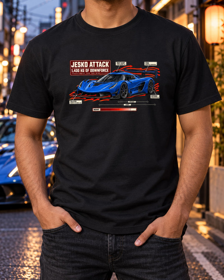 Koenigsegg Jesko Attack Aero Callouts Shirt, Downforce Car Tee T-Shirt Black worn hero