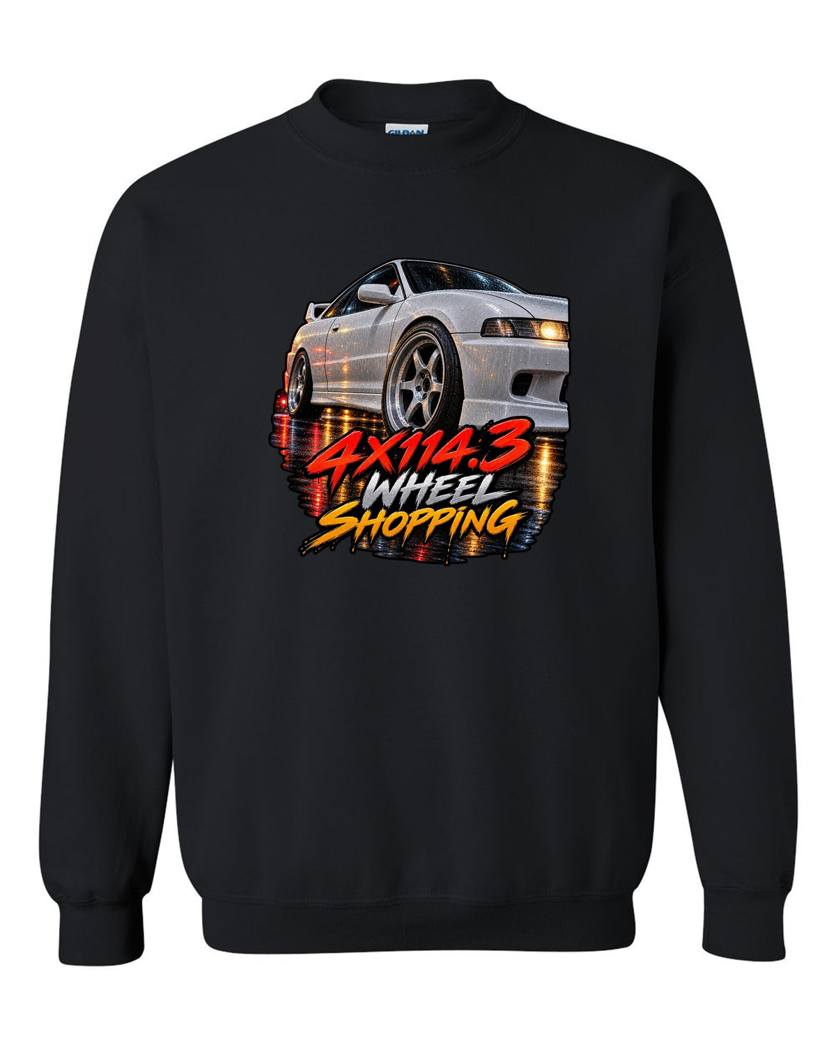 Cinematic macro painting print of a wet wheel on a 1995 Honda Integra DC2 coupe with 4x114.3 text black crewneck front view with the design