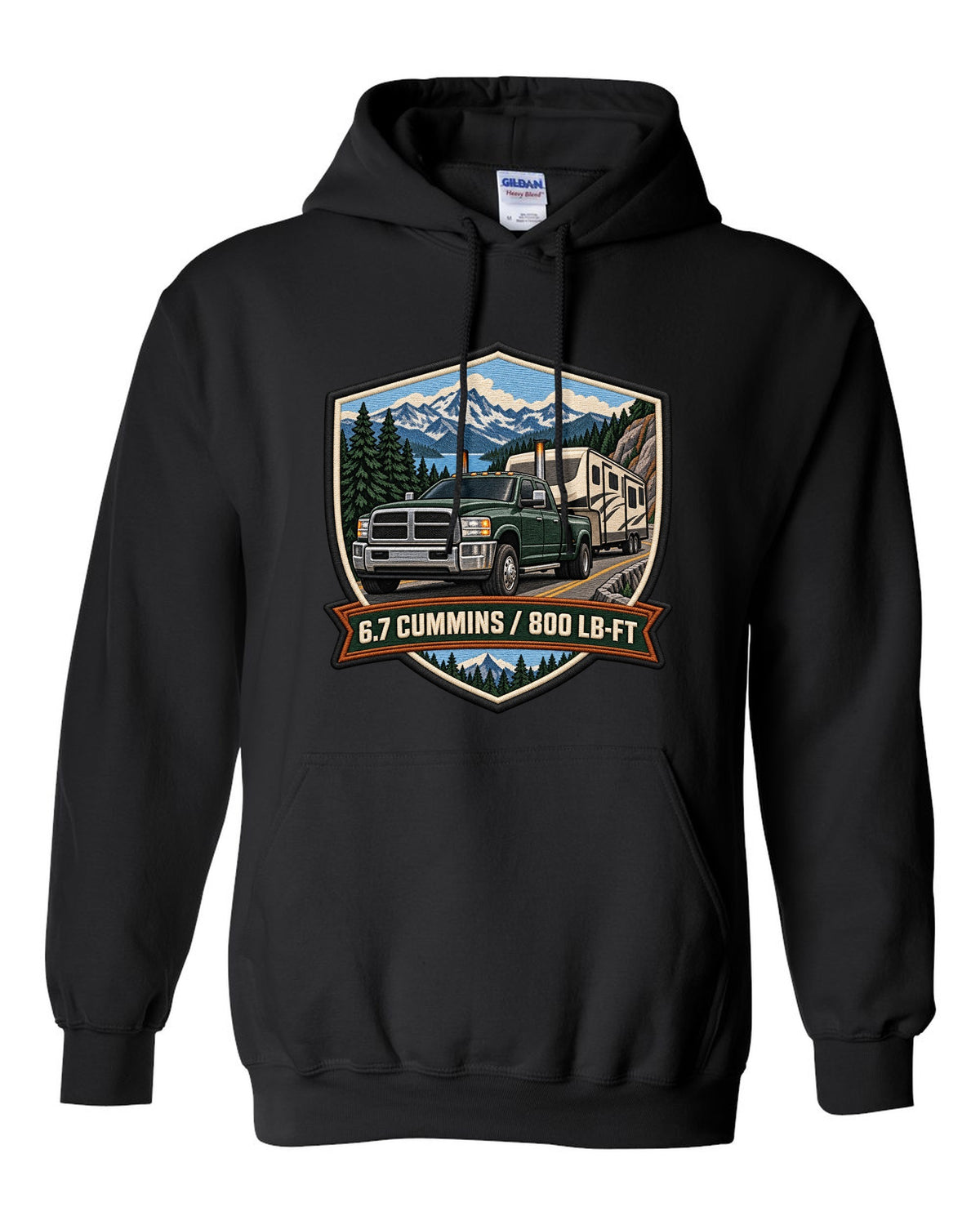 Varsity crest of a 2010-2018 Ram 2500 4th gen towing a camper with 6.7 Cummins 800 LB-FT lettering black pull over hoodie front view with the design
