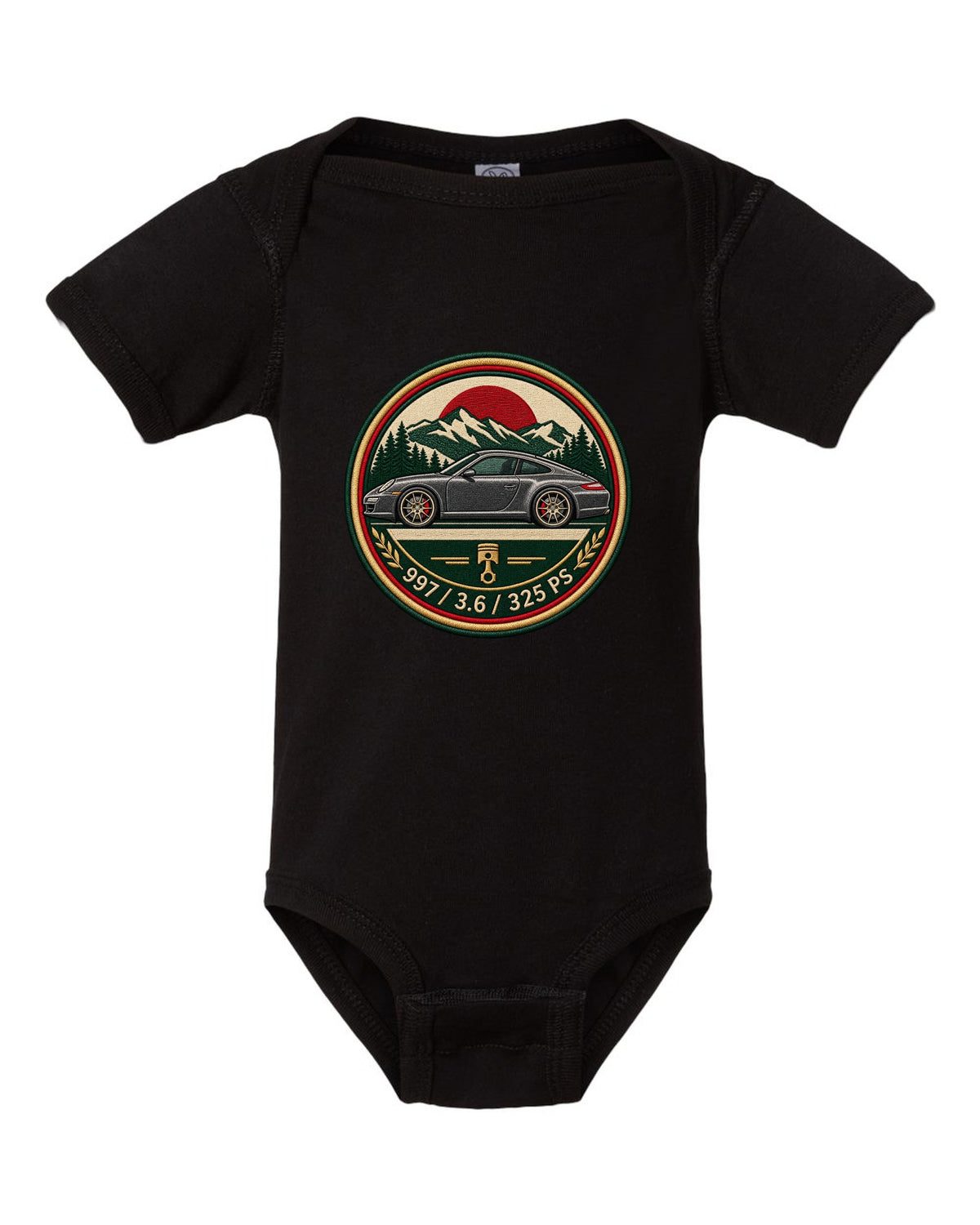 Round crest print of a Porsche 911 996 with the text 996, 3.4 and 300 PS black baby onesie front view with the design