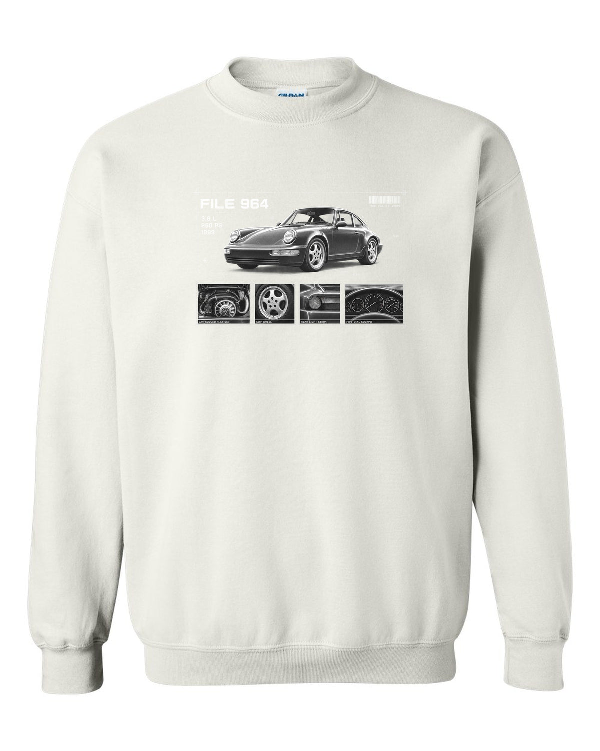 Dossier panel print of a Porsche 911 964 Carrera 2 with File 964 3.6 L 250 PS lettering white crewneck front view with the design
