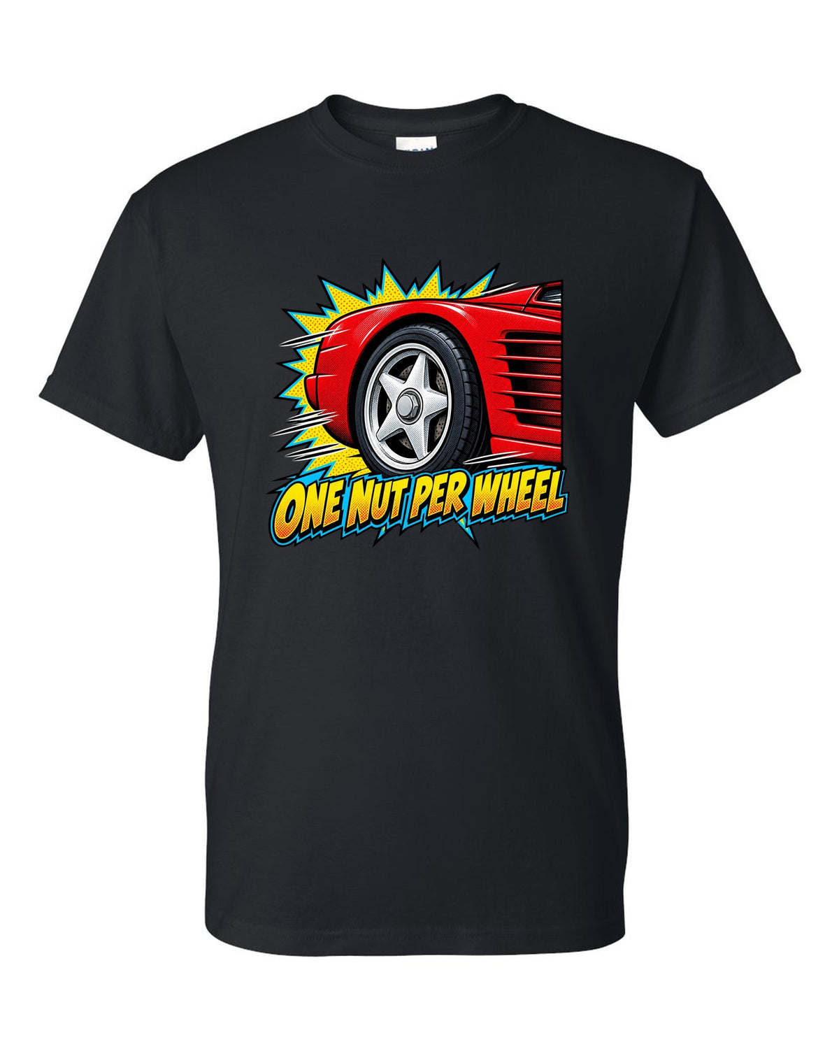Comic halftone pop art of a Ferrari Testarossa five-star wheel black t-shirt front view with the design