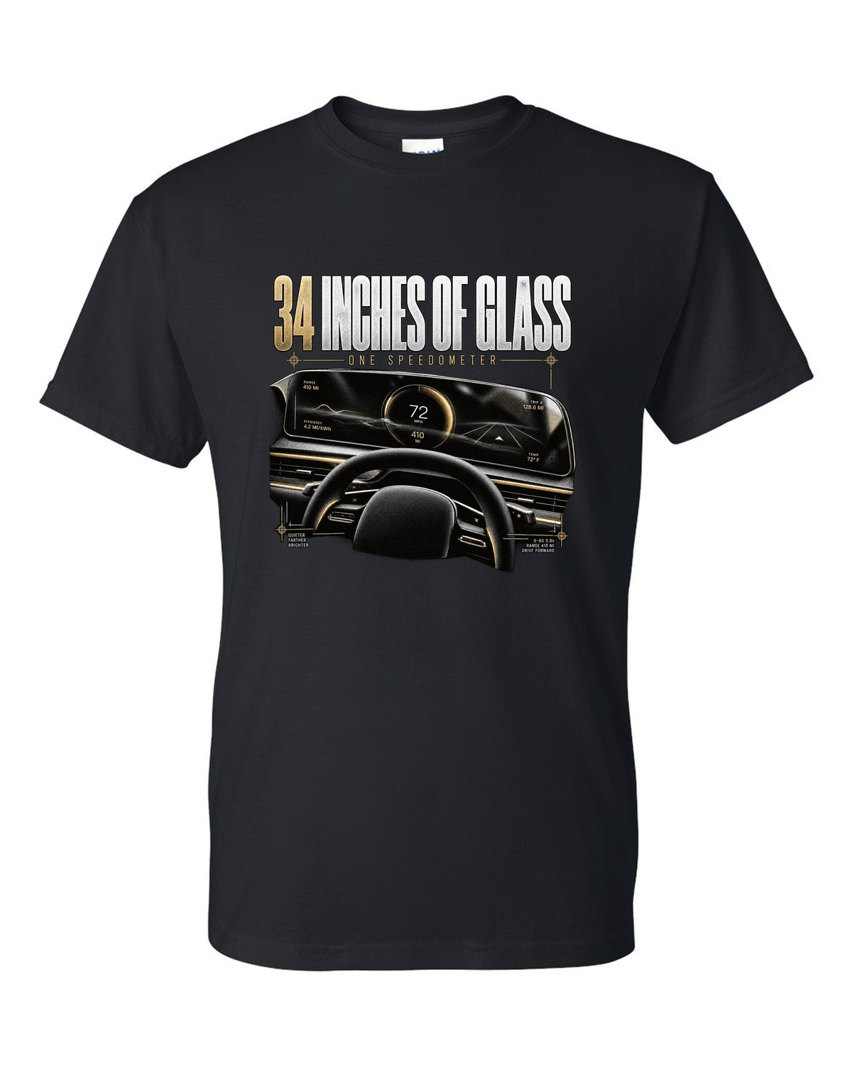 Lucid Air 2022 glass cockpit readout reading 34 inches of glass, one speedometer black t-shirt front view with the design