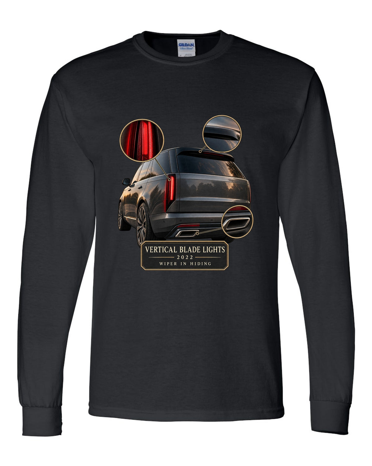 Taillight macro print of the Range Rover L460 with vertical blade lights black long sleeve front view with the design