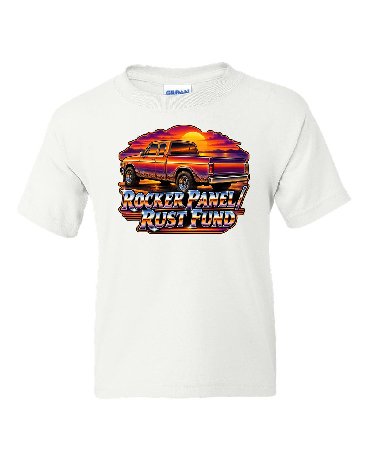 70s airbrush sunset print of a 1999-2006 Chevrolet Silverado GMT800 with Rocker Panel Rust Fund text white kids tee front view with the design