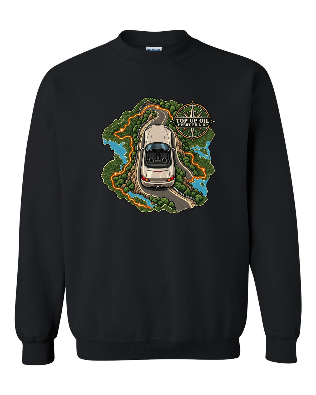 Topographic route map print of a 1999 Honda S2000 AP1 roadster with top up oil text black crewneck front view with the design