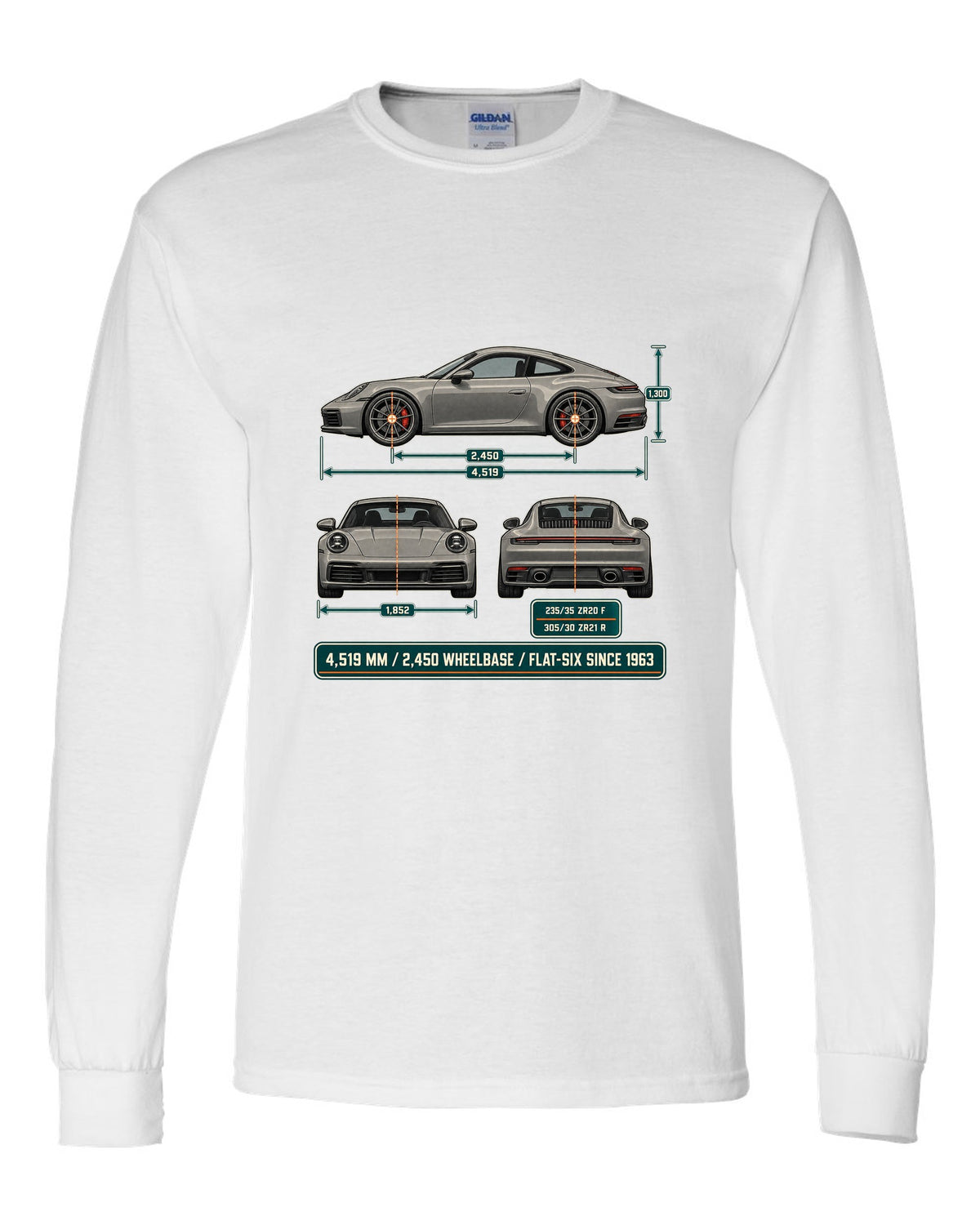 Dimension blueprint print of a Porsche 992 Carrera S with measurements white long sleeve front view with the design