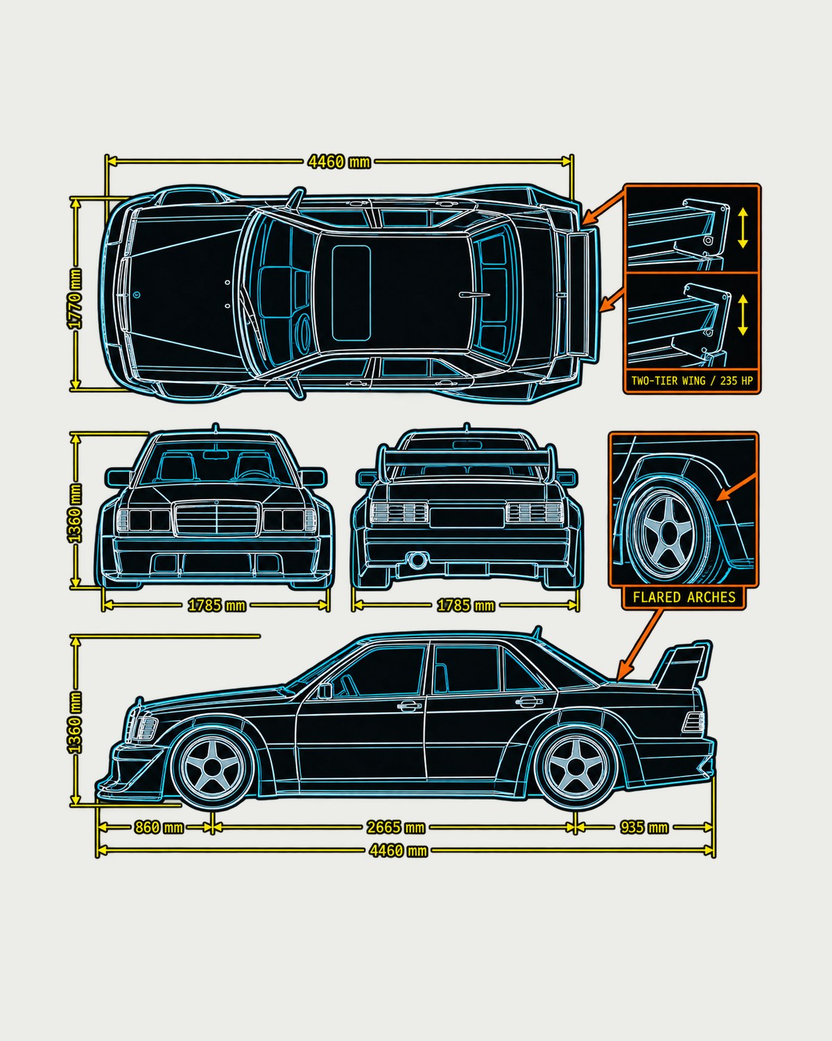 Mercedes 190E Evo II W201 Top-Down Blueprint Shirt, 235 HP design only