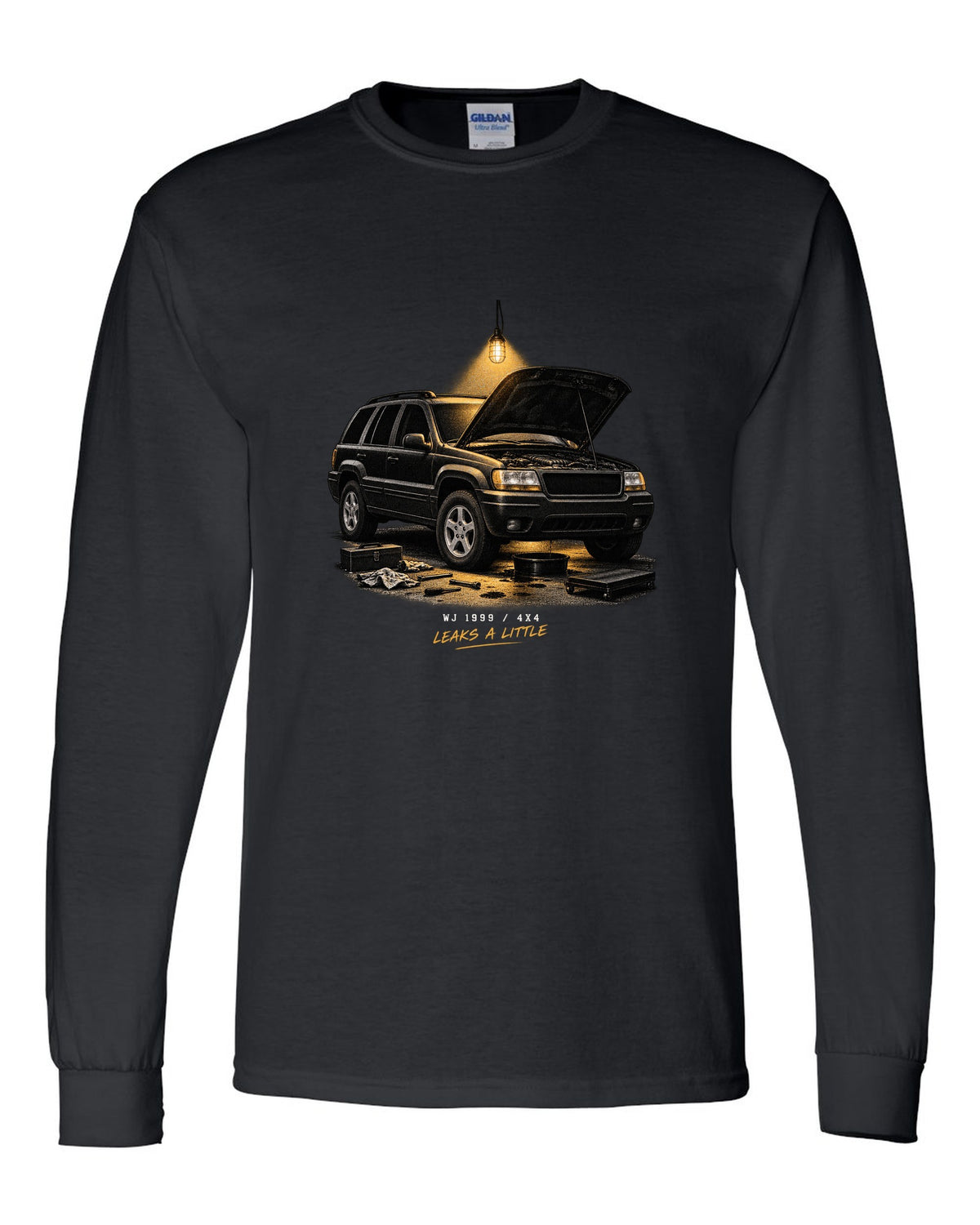 Jeep Grand Cherokee WJ in a night garage print with 1999 4x4 caption black long sleeve front view with the design
