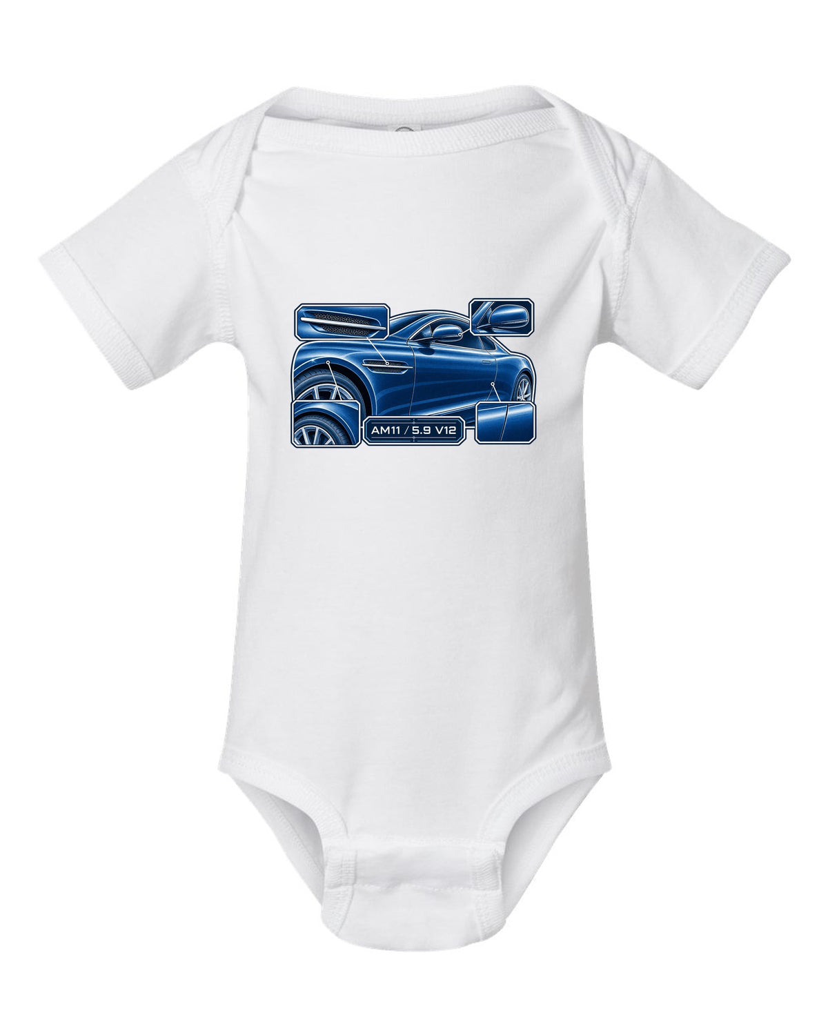 Aston Martin DB9 cyanotype blueprint with AM11 5.9 V12 lettering white baby onesie front view with the design