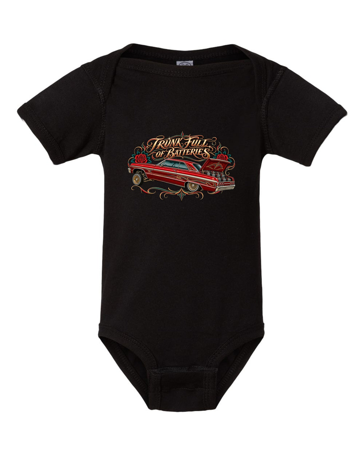 Lowrider airbrush flash illustration of a 1964 Chevrolet Impala SS with pinstripe scrolls and roses black baby onesie front view with the design