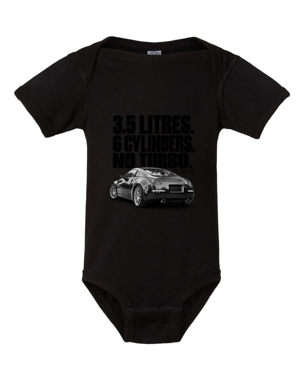 Halftone print of a Nissan 350Z Z33 rear three-quarter with VQ35DE 287 HP text black baby onesie front view with the design