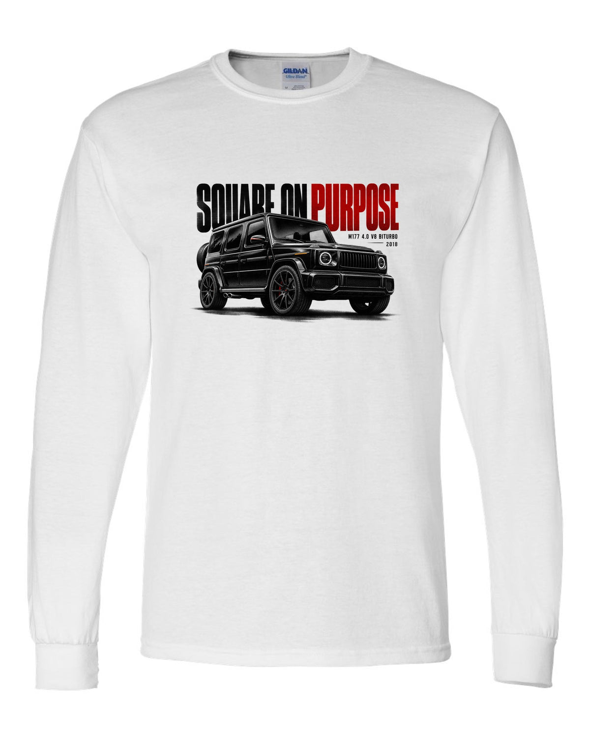 Halftone statement print of a Mercedes-AMG G63 W464 with Square On Purpose lettering white long sleeve front view with the design