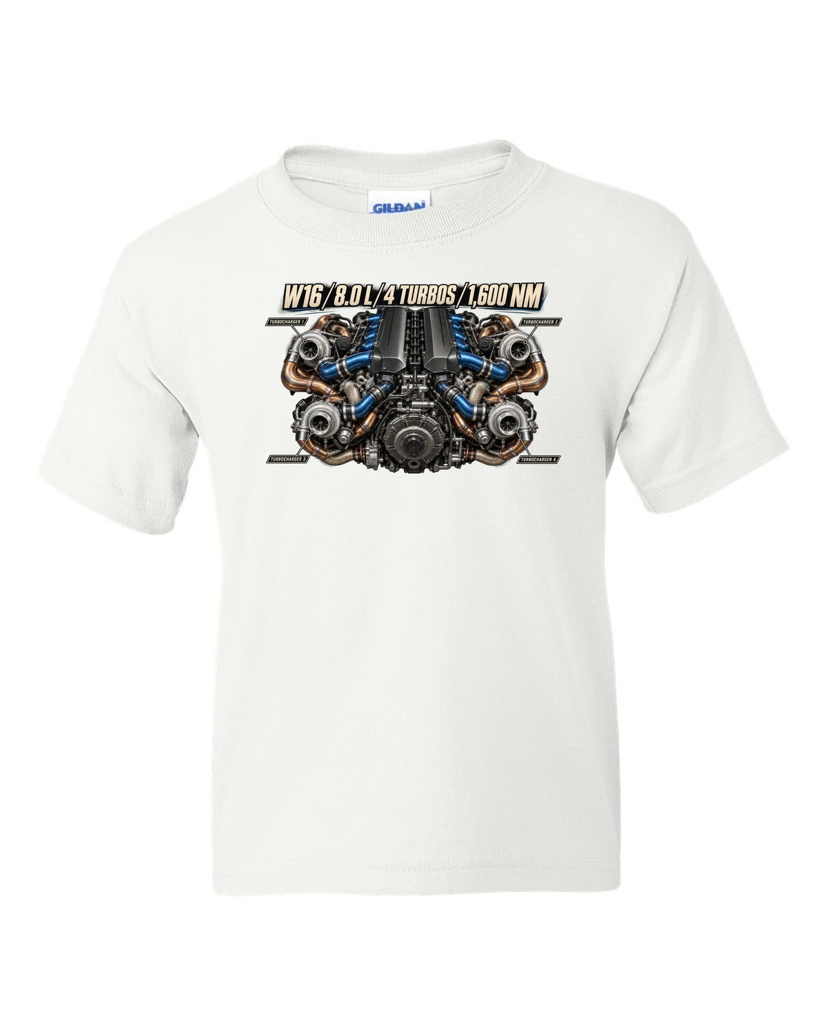 Bugatti W16 8.0 litre quad-turbo engine poster print white kids tee front view with the design