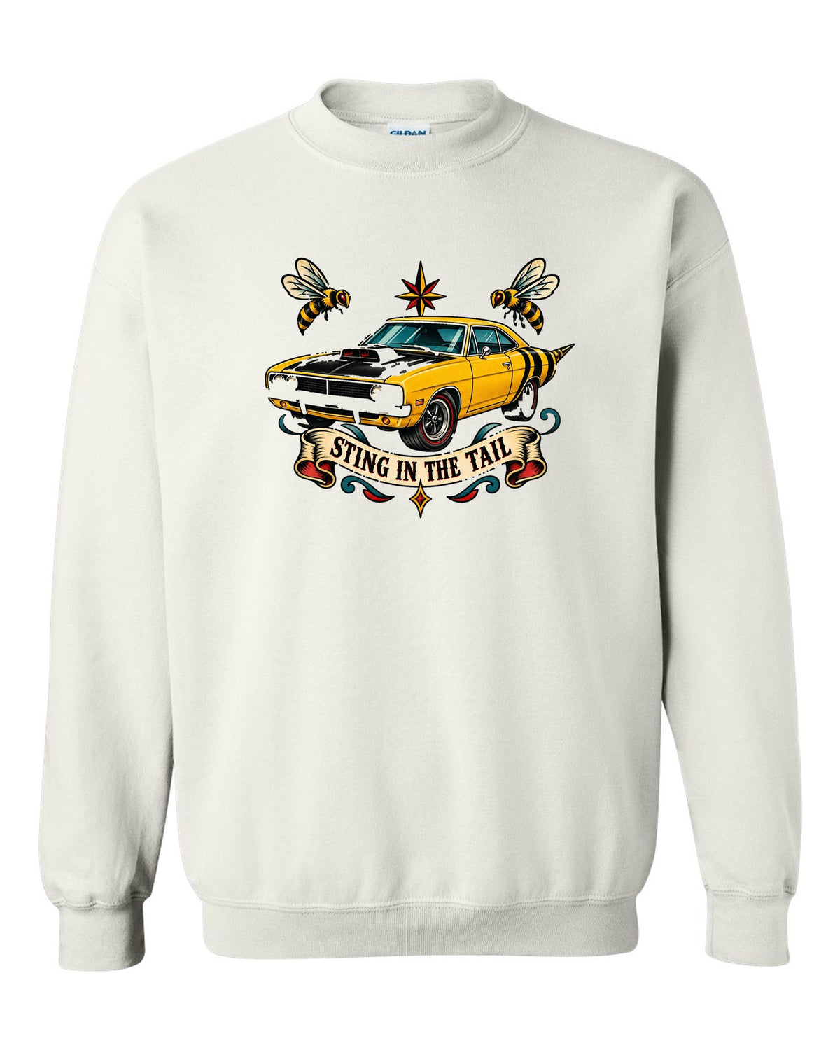 Hand-drawn tattoo flash print of a 1969 Dodge Coronet Super Bee with sting in the tail text white crewneck front view with the design