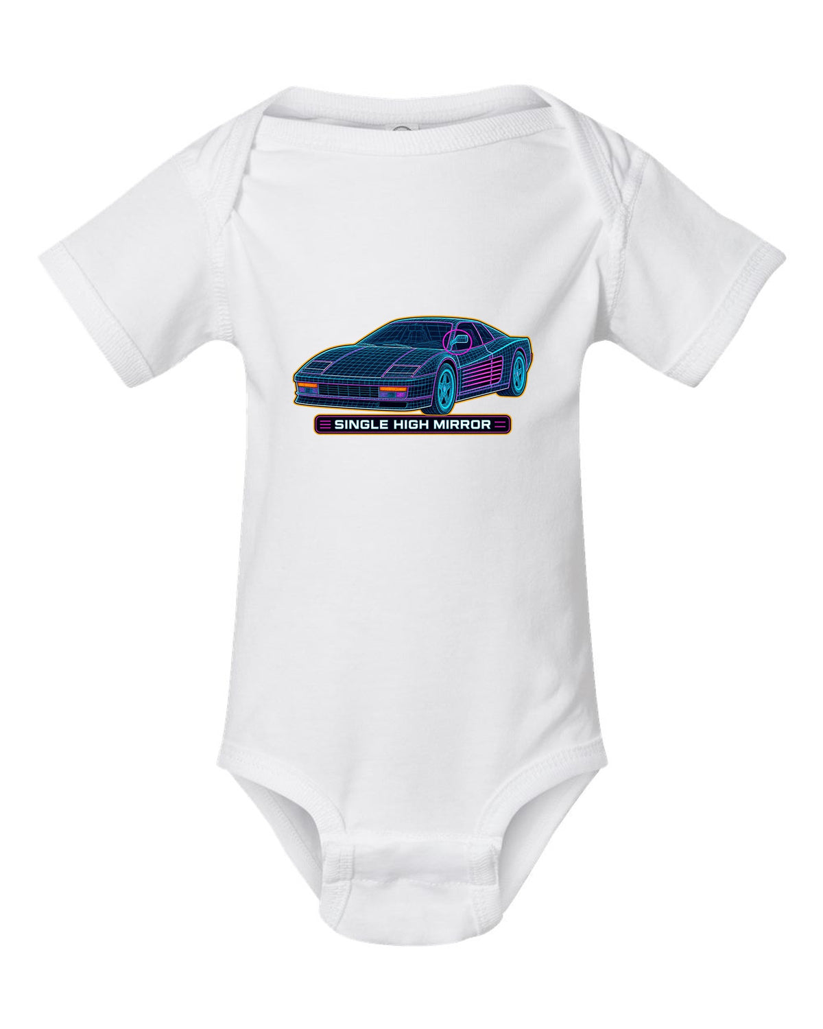 Wireframe CAD mesh print of the Ferrari Testarossa F110 with the text single high mirror white baby onesie front view with the design