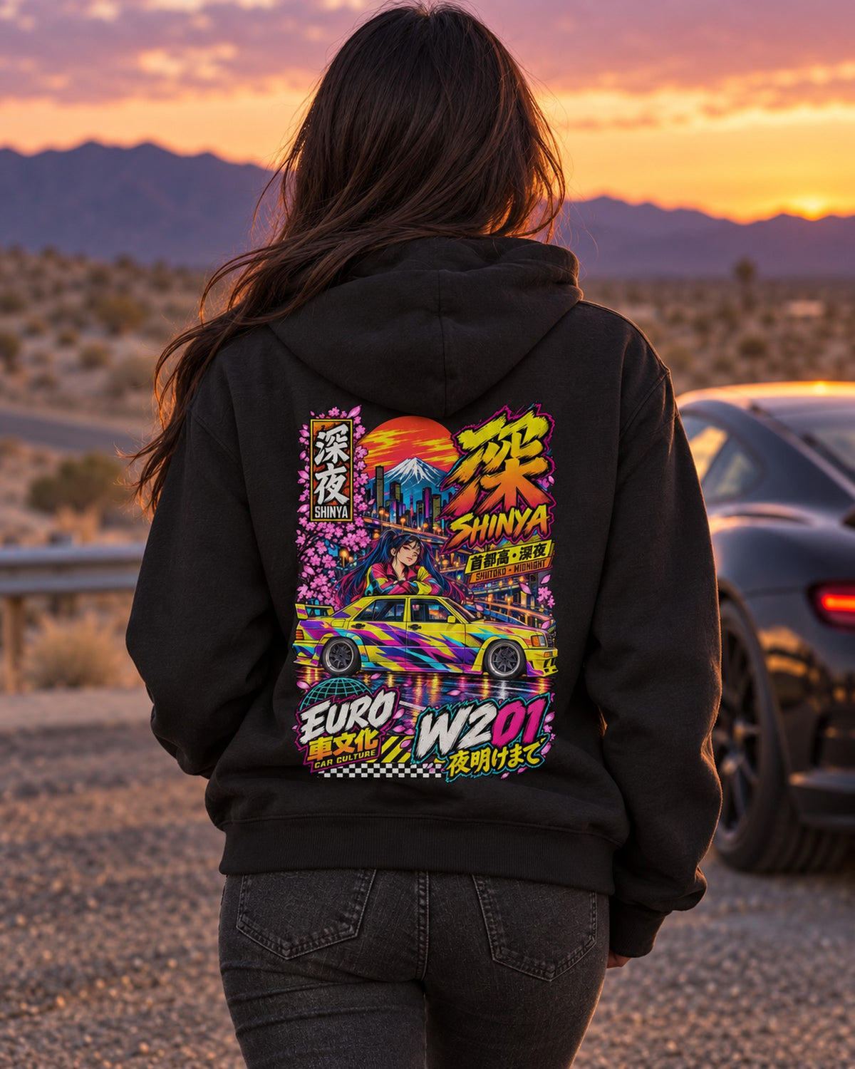 SHINYA W201 Anime Girl Full-Back Graphic Tee Zip Hoodie Black worn hero