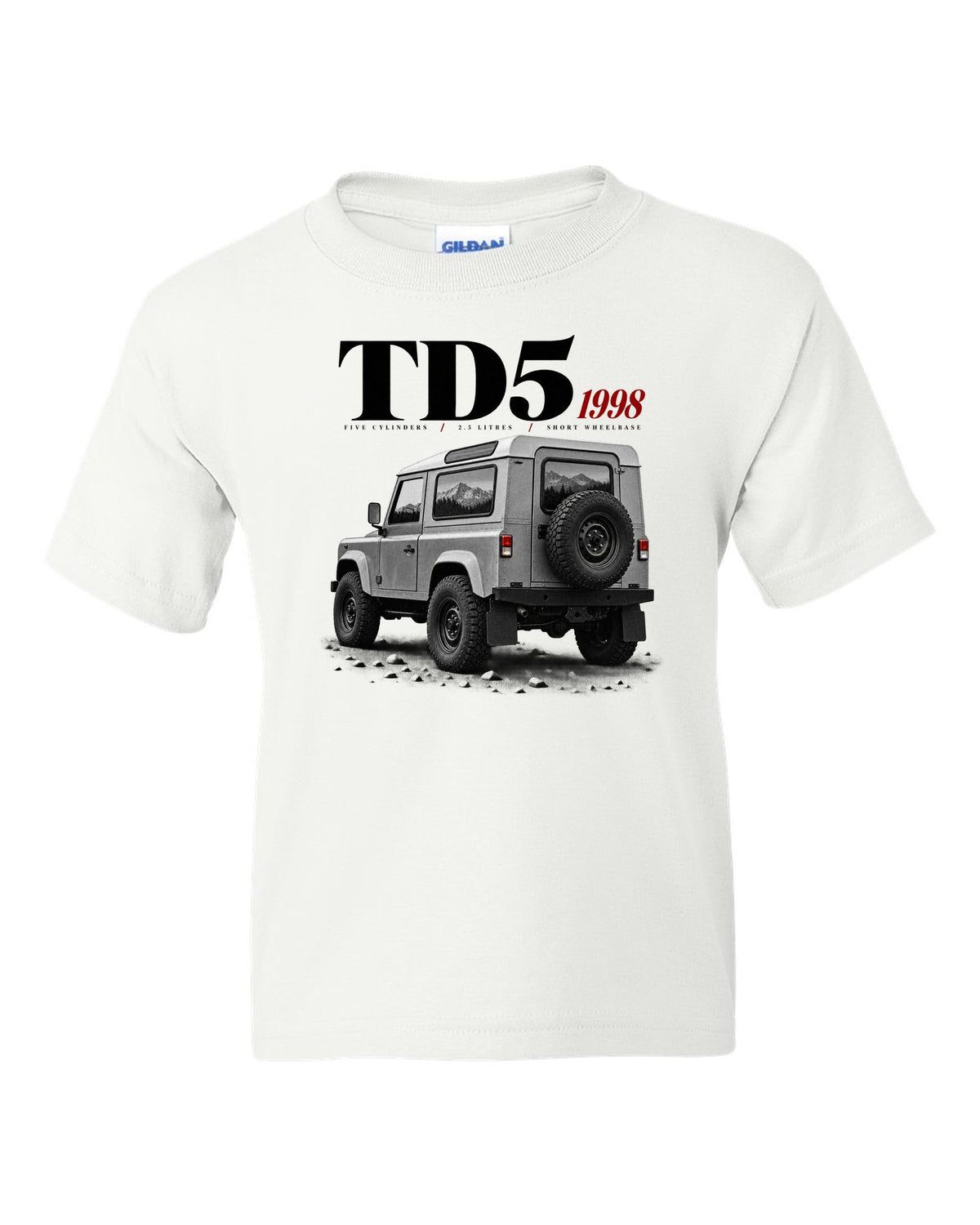 Land Rover Defender 90 editorial headline print about the 1998 Td5 engine white kids tee front view with the design