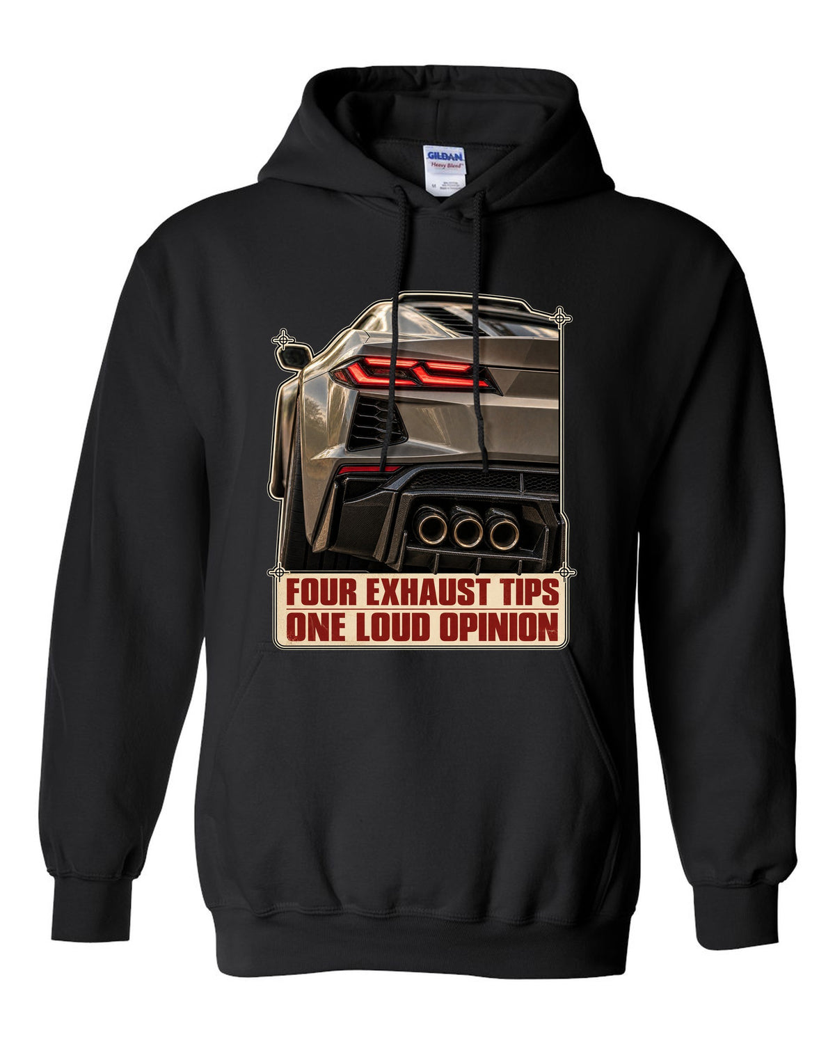 Taillight macro print of a Chevrolet Corvette C8 Z06 with four exhaust tips black pull over hoodie front view with the design