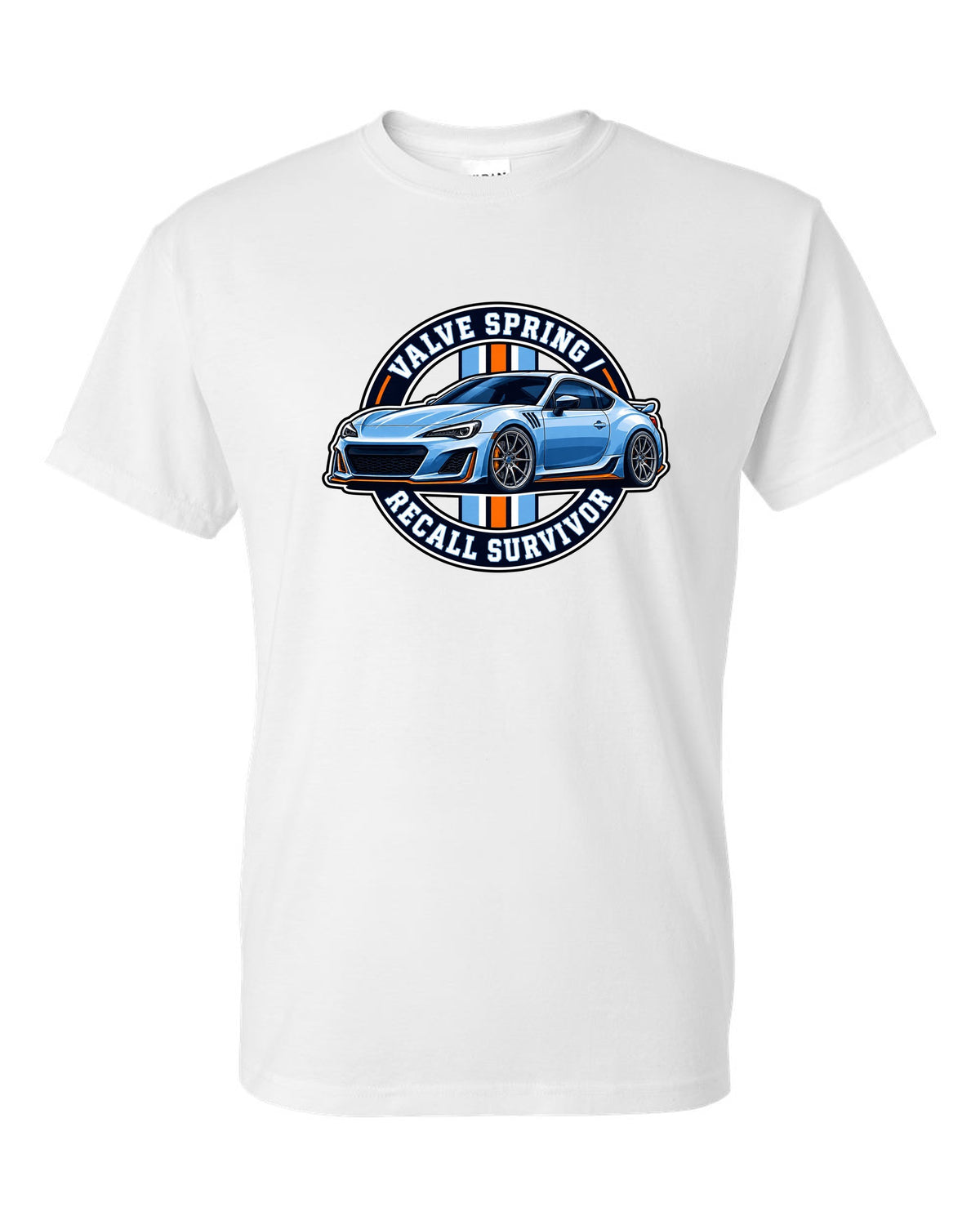 Round varsity crest design for a Subaru BRZ ZC6 reading valve spring recall survivor white t-shirt front view with the design
