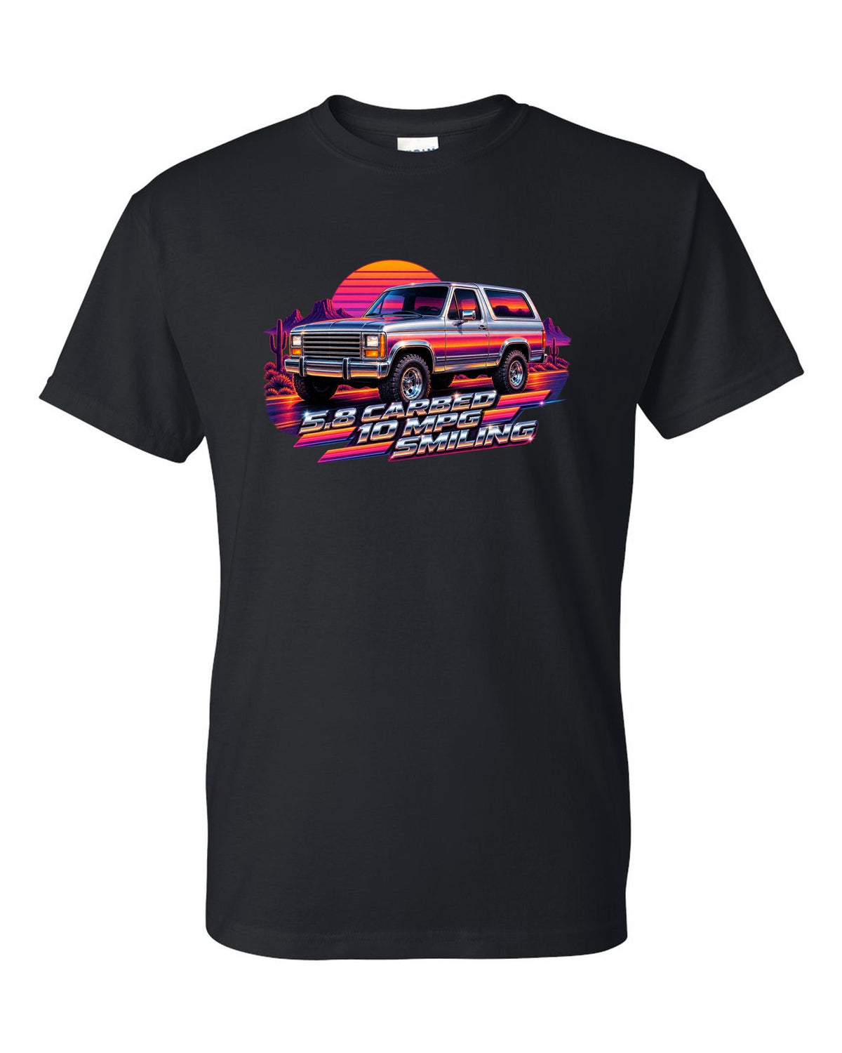 80s airbrush chrome art of a 1980-86 Ford Bronco Bullnose at sunset with 5.8 CARBED 10 MPG lettering black t-shirt front view with the design