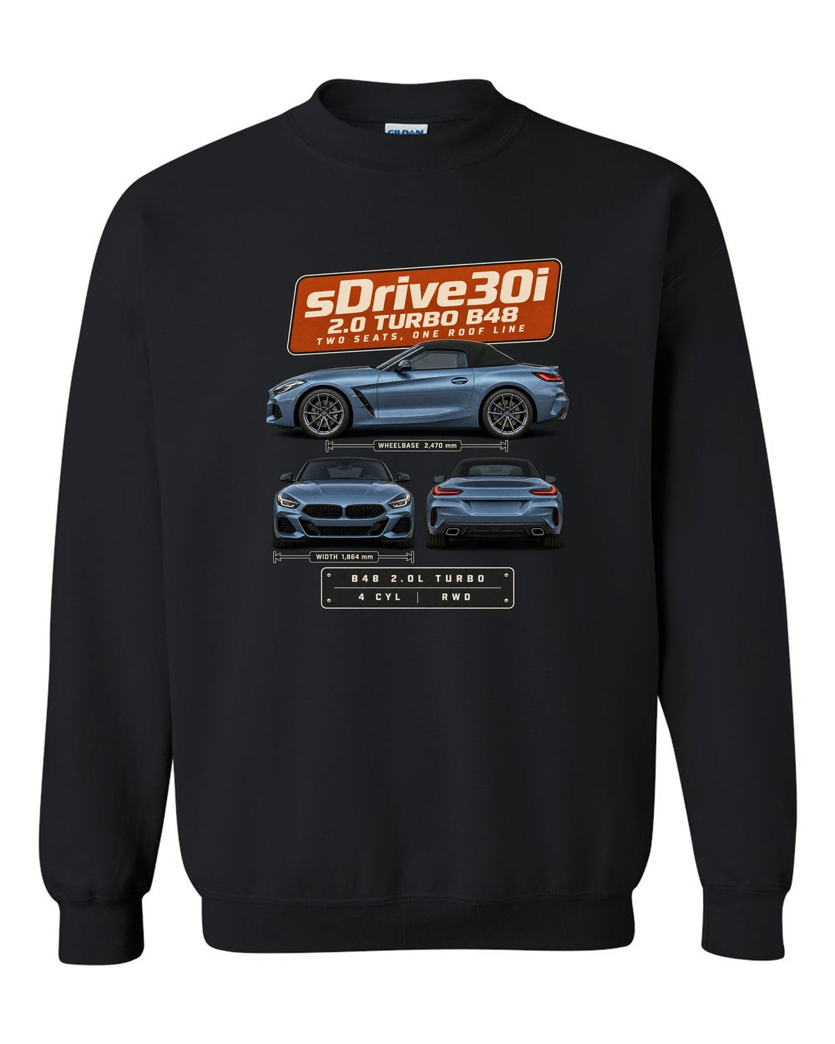 Three-view drawing and spec table print of the BMW Z4 sDrive30i G29 black crewneck front view with the design