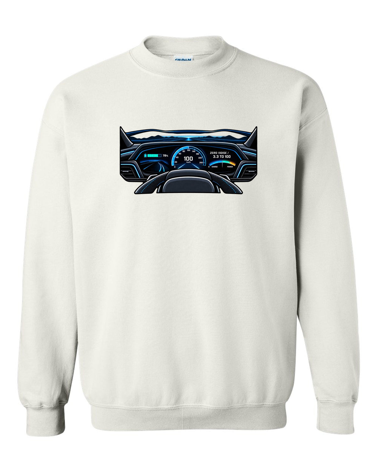 Flat gauge cluster print for the Audi e-tron GT with zero noise lettering white crewneck front view with the design