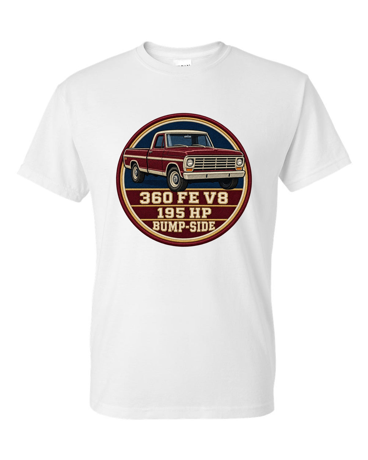 Bump-Side Ford F-Series 1967-72 Crest print Tee white t-shirt front view with the design